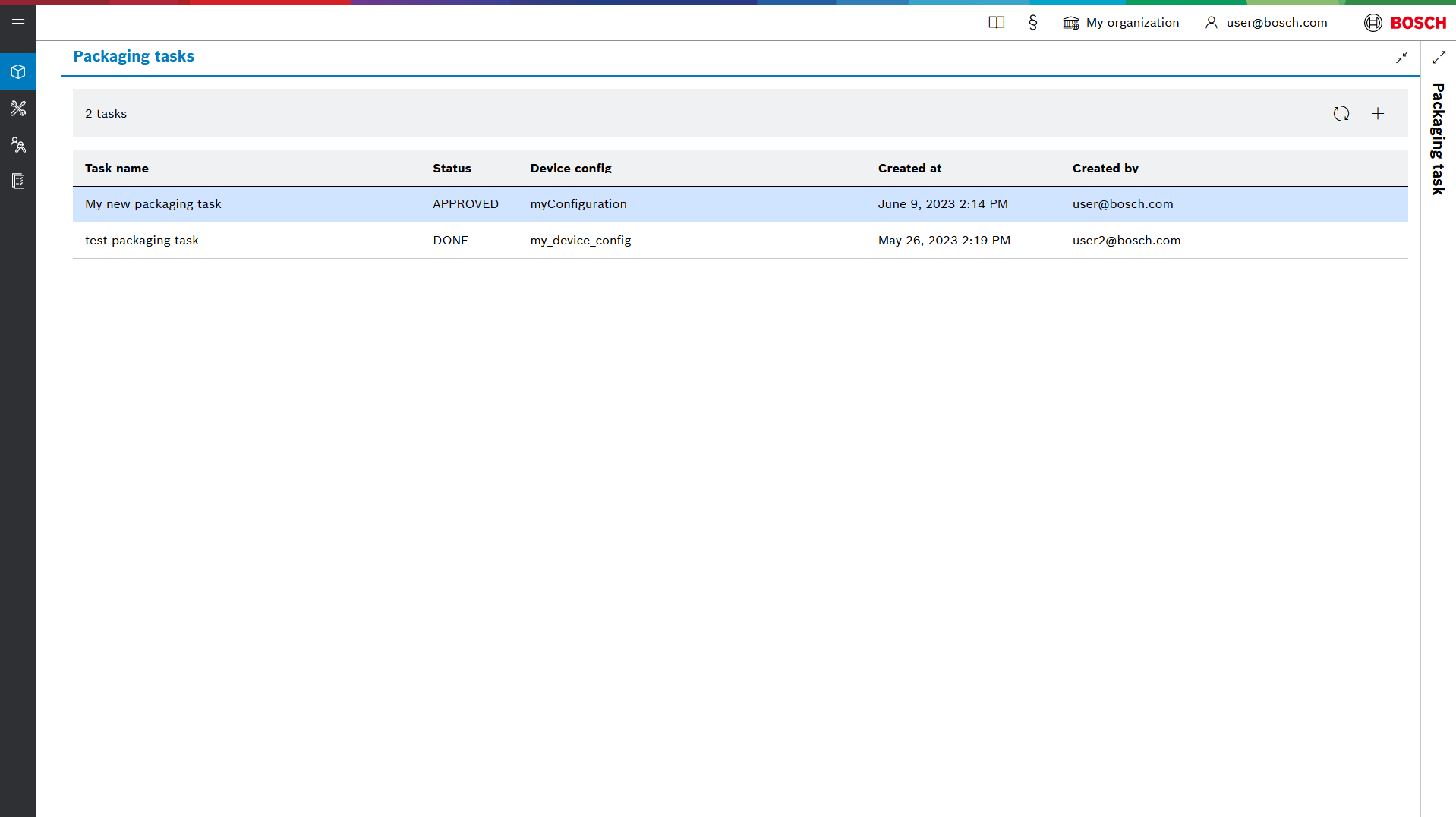 Packaging tasks list showing task status updated to APPROVED