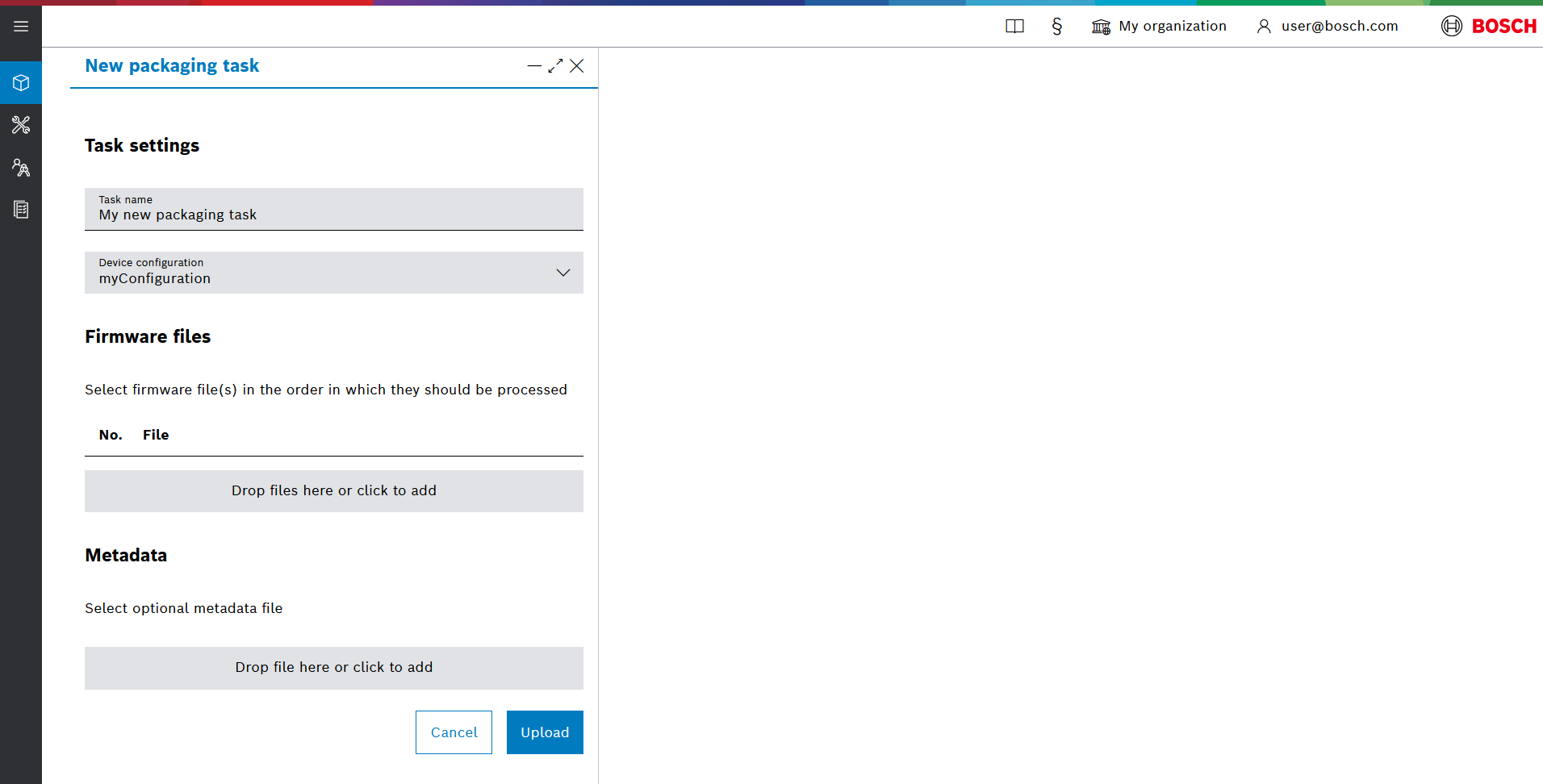 New packaging task dialog with task settings, firmware files and metadata