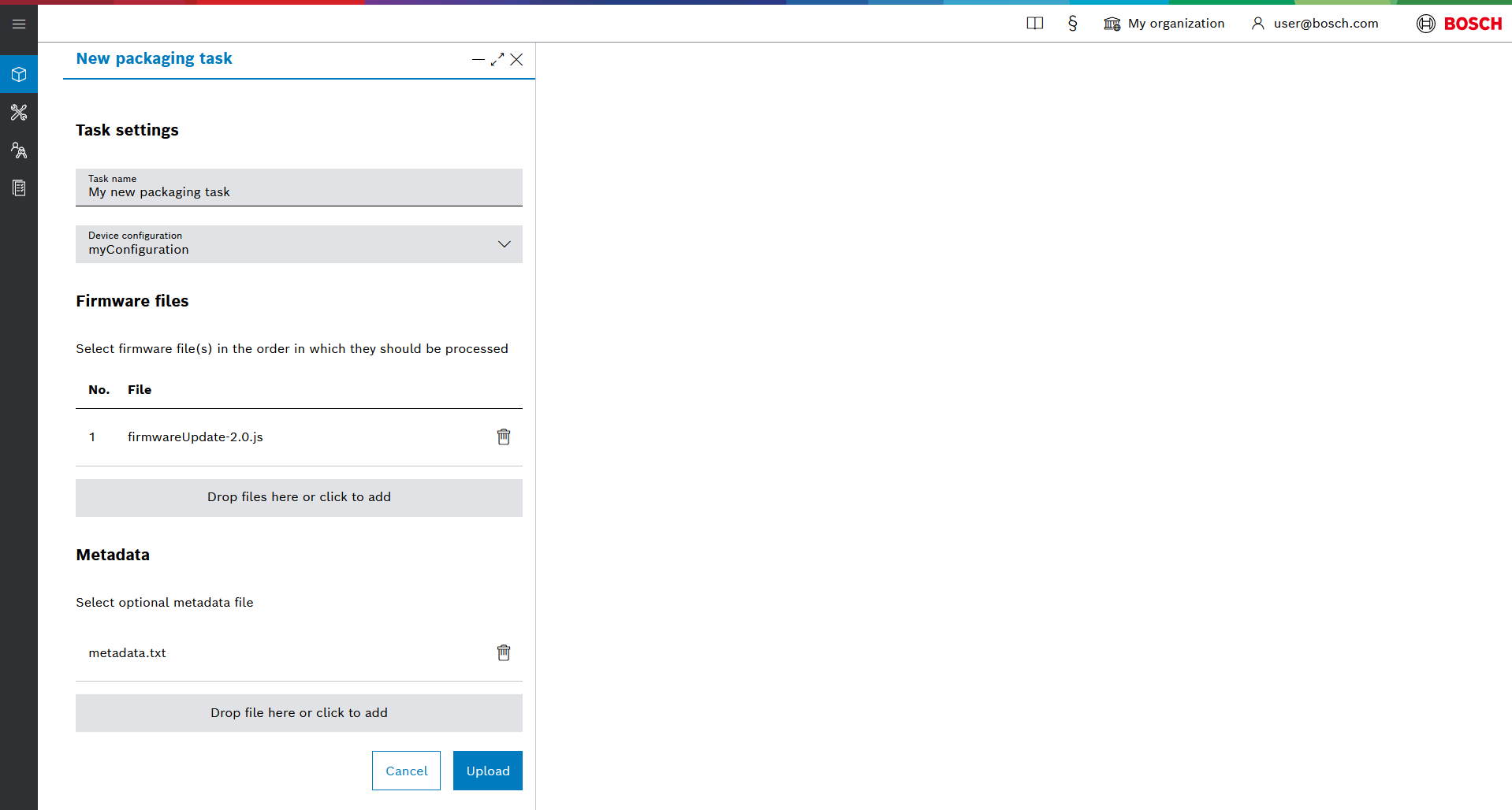 New packaging task dialog with firmware file and metadata file added