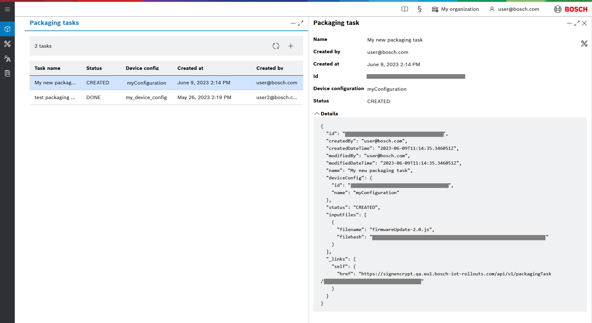 Packaging task blade with details in JSON format