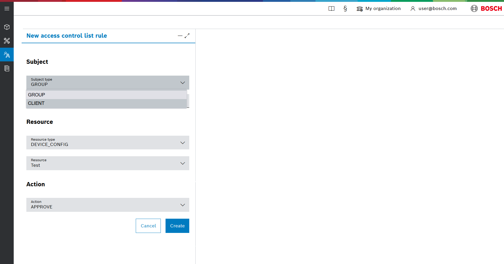 New access control list rule dialog with Subject type dropdown open