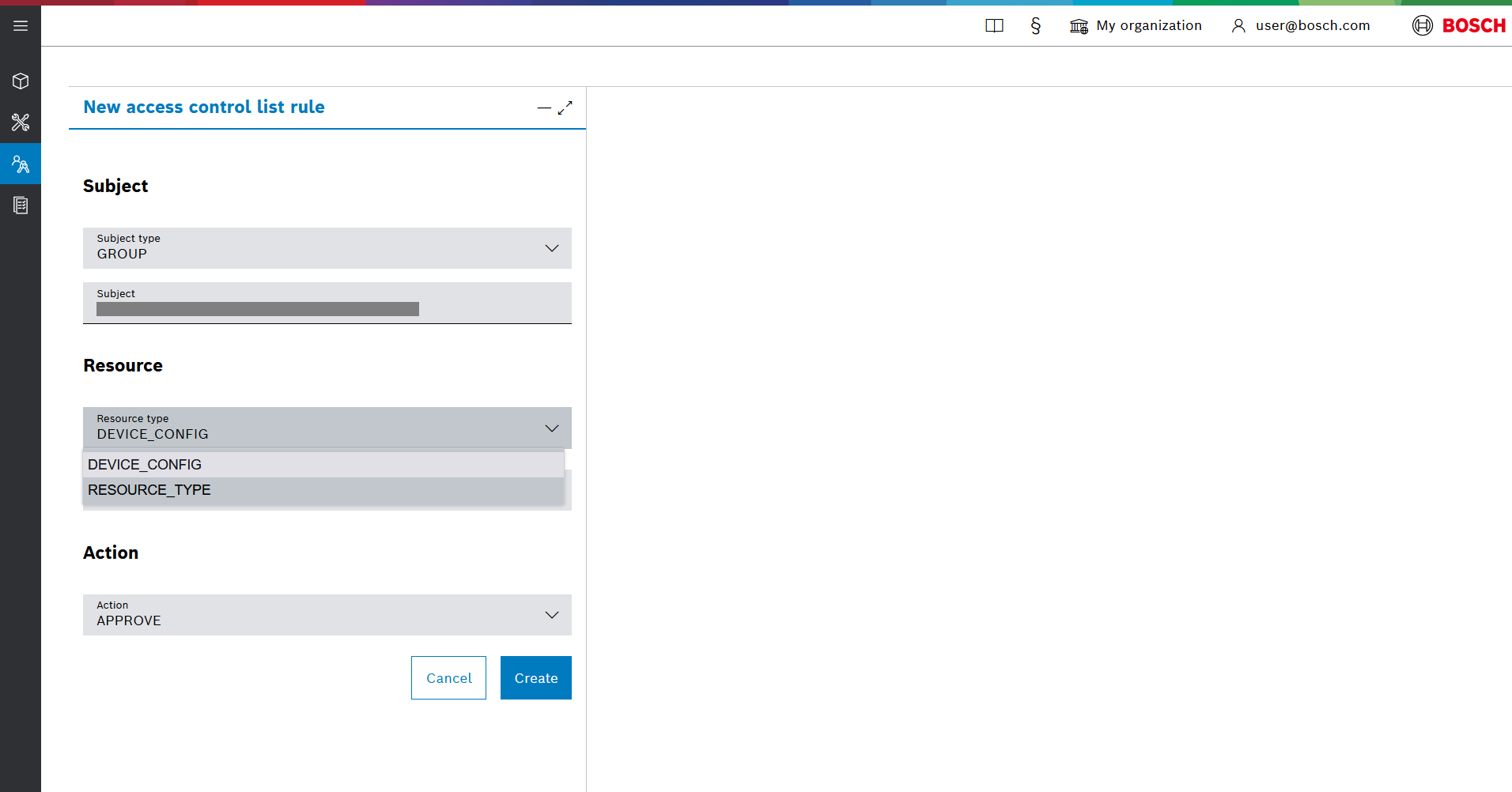 New access control list rule dialog with Resource type dropdown open