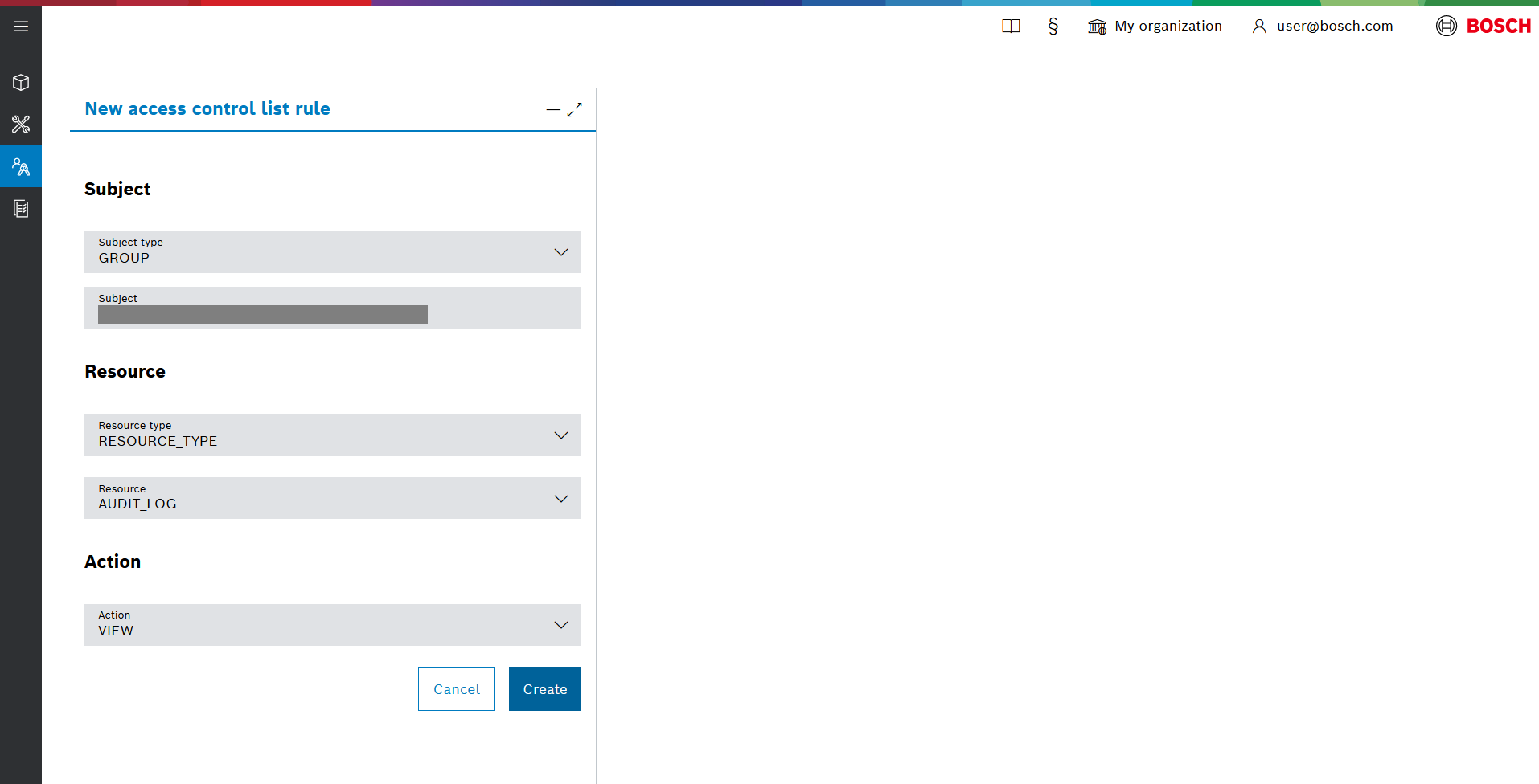 New access control list rule dialog with Resource type set to RESOURCE_TYPE