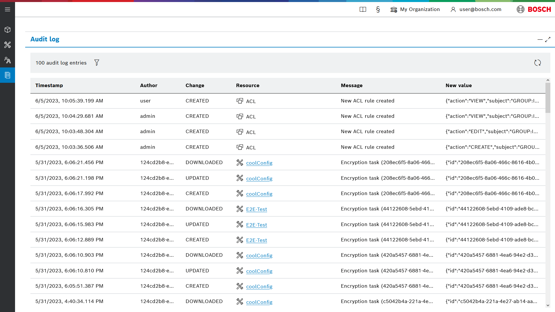 Audit log entries table