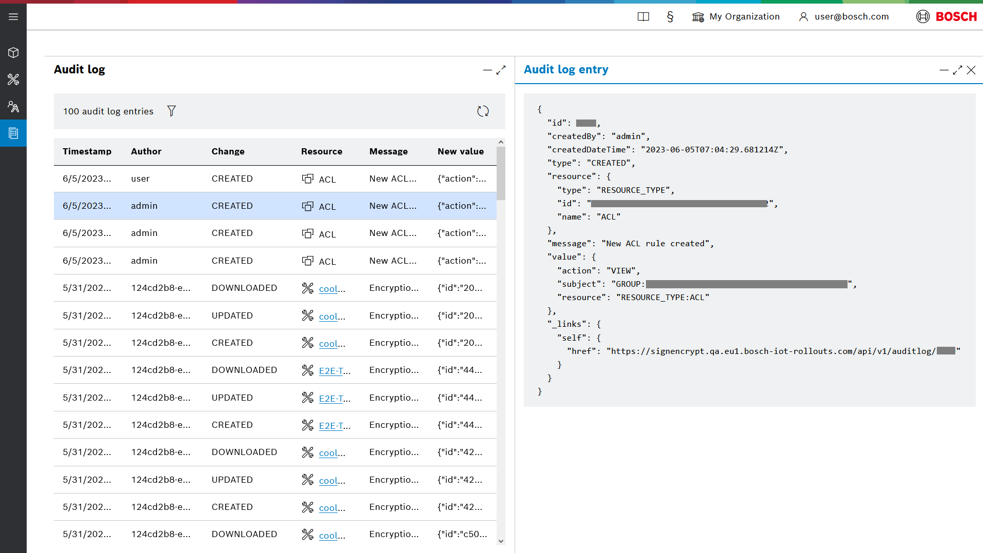 Audit log entry detail view in JSON format