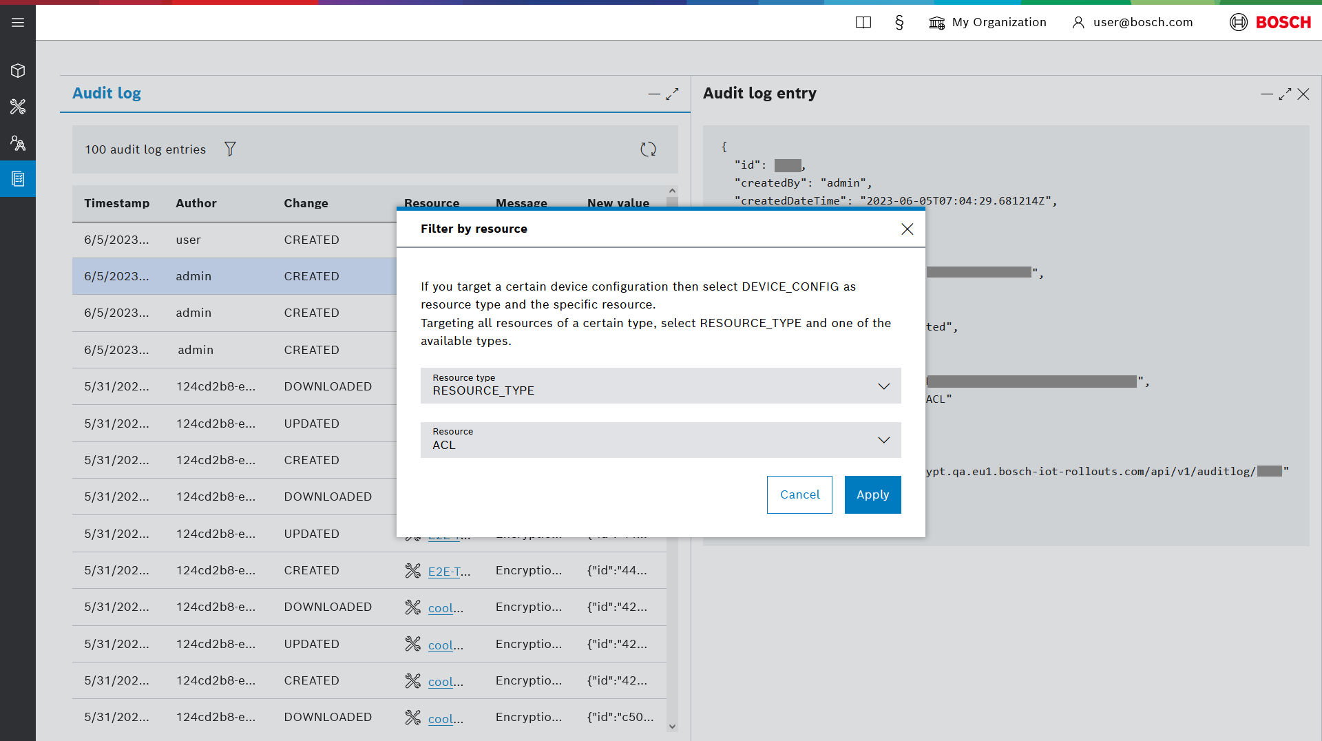 Filter by resource dialog