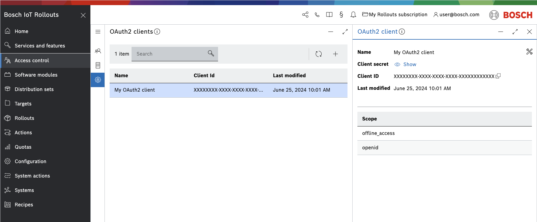 OAuth2 client details panel showing client secret, client ID and scope