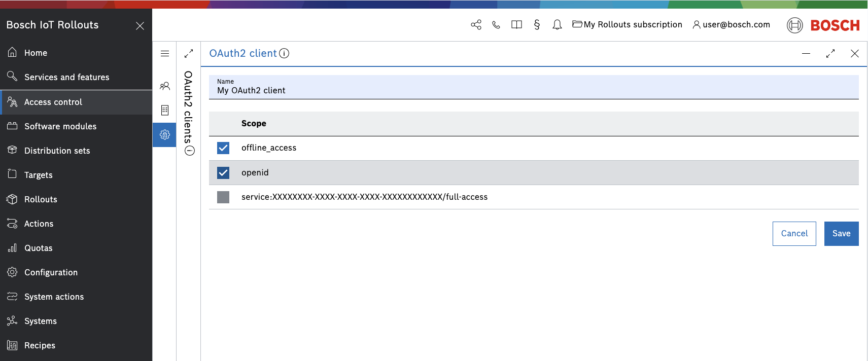 New OAuth2 client dialog with name and scope fields