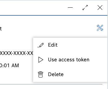 OAuth2 client actions menu with Edit, Use access token and Delete