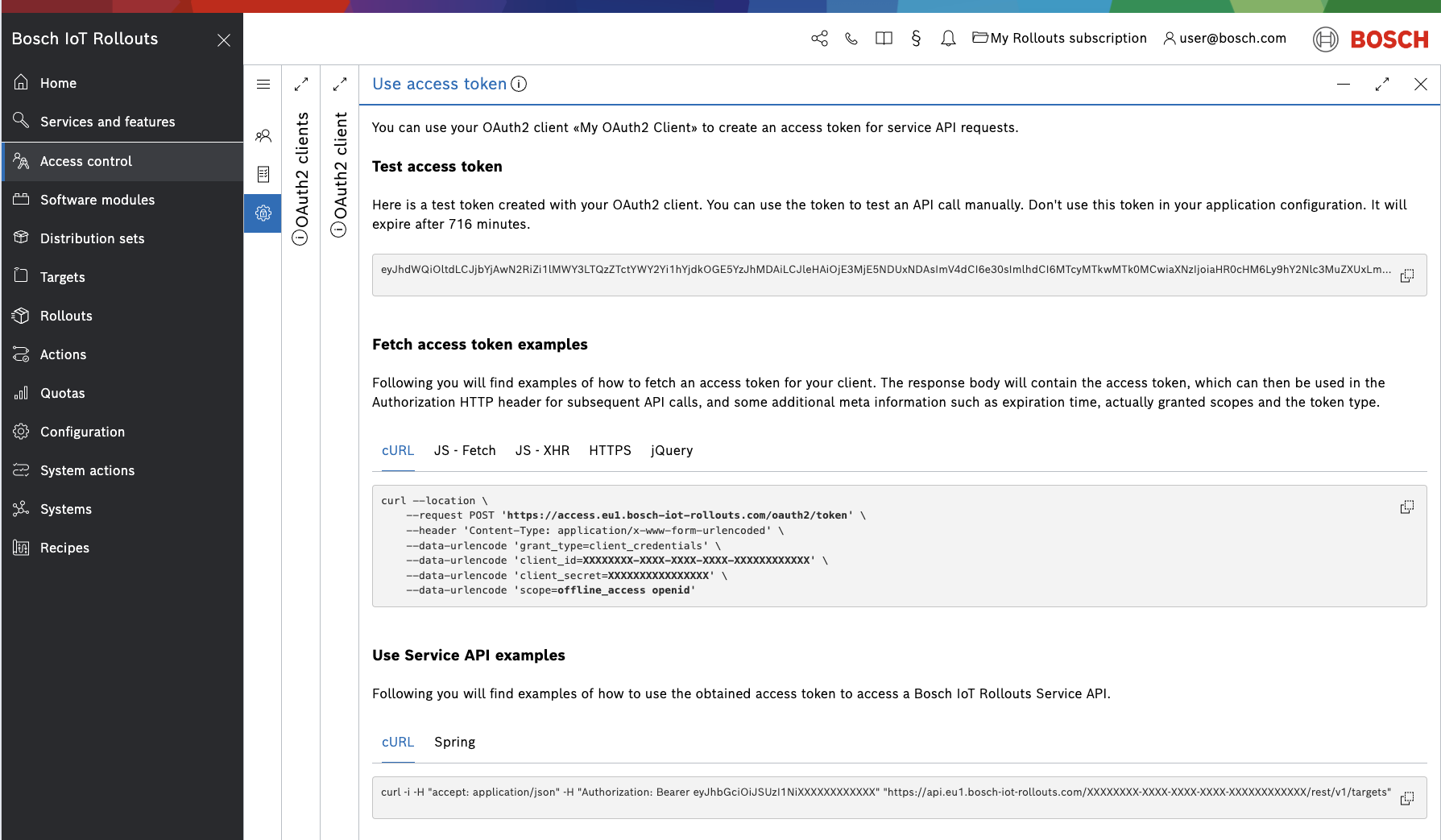 Use access token view with test token and fetch/use examples