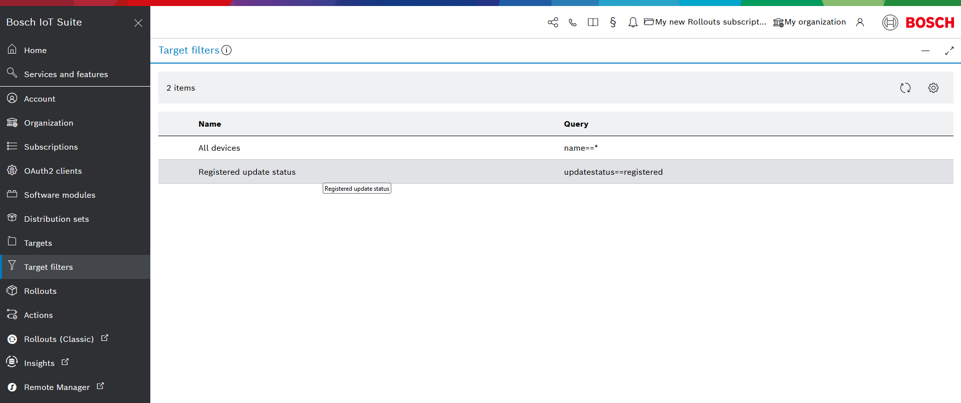 Target filters list with a filter selected
