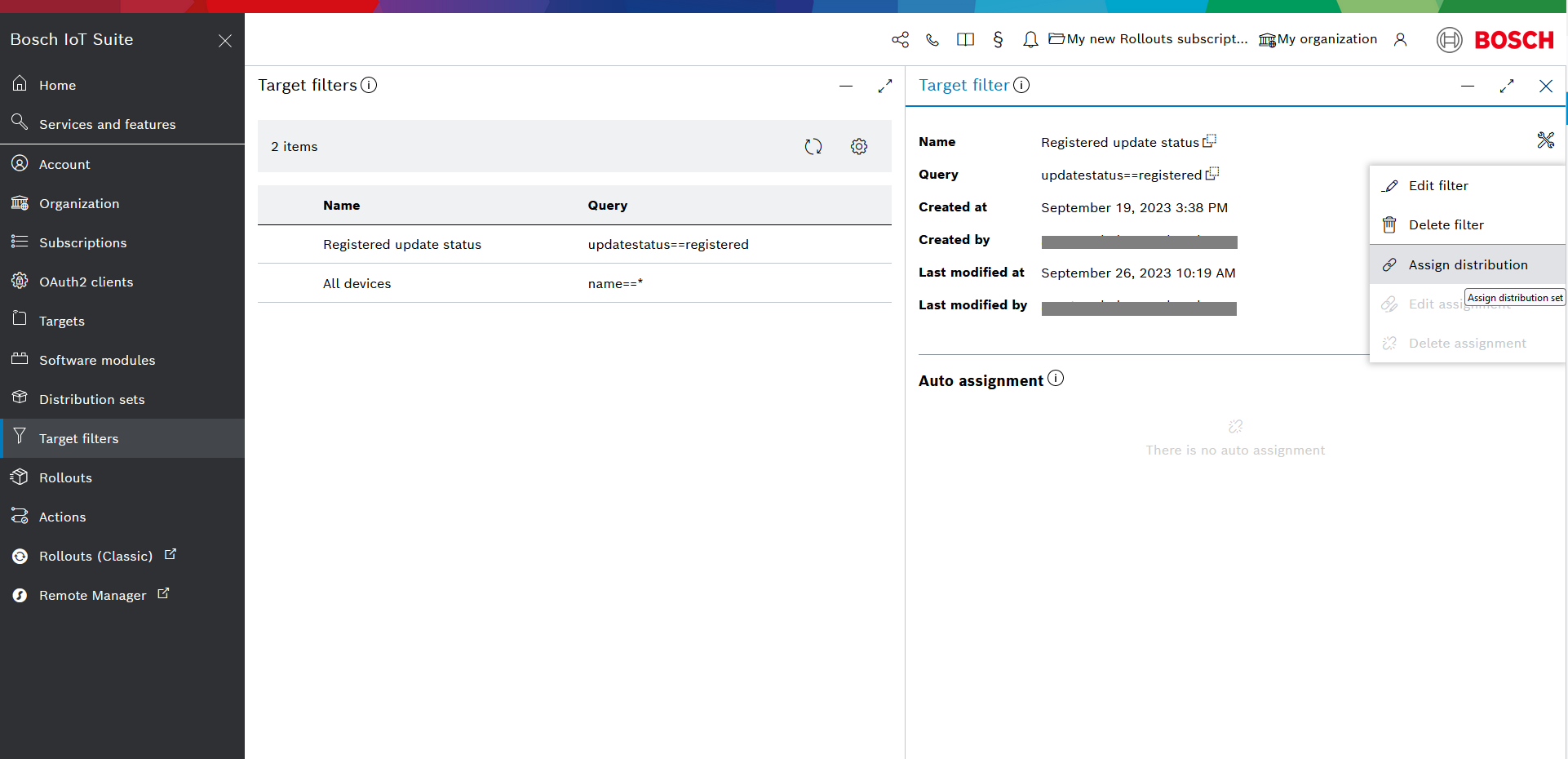 Target filter actions menu with Assign distribution highlighted