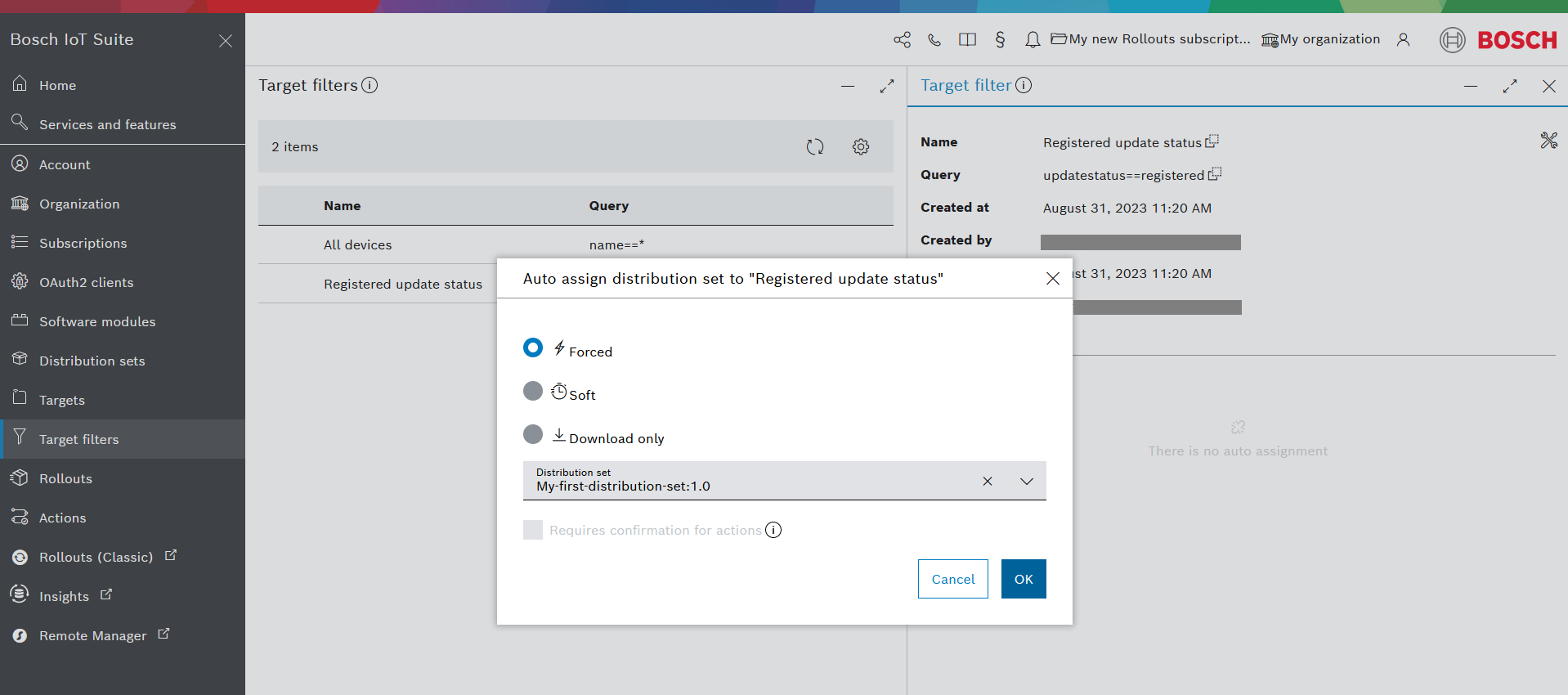 Auto assign distribution set dialog with Forced action type and a distribution set selected