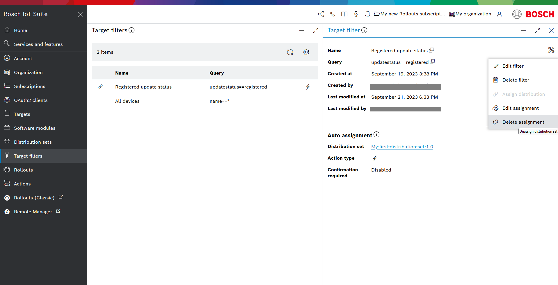 Target filter actions menu with Delete assignment highlighted