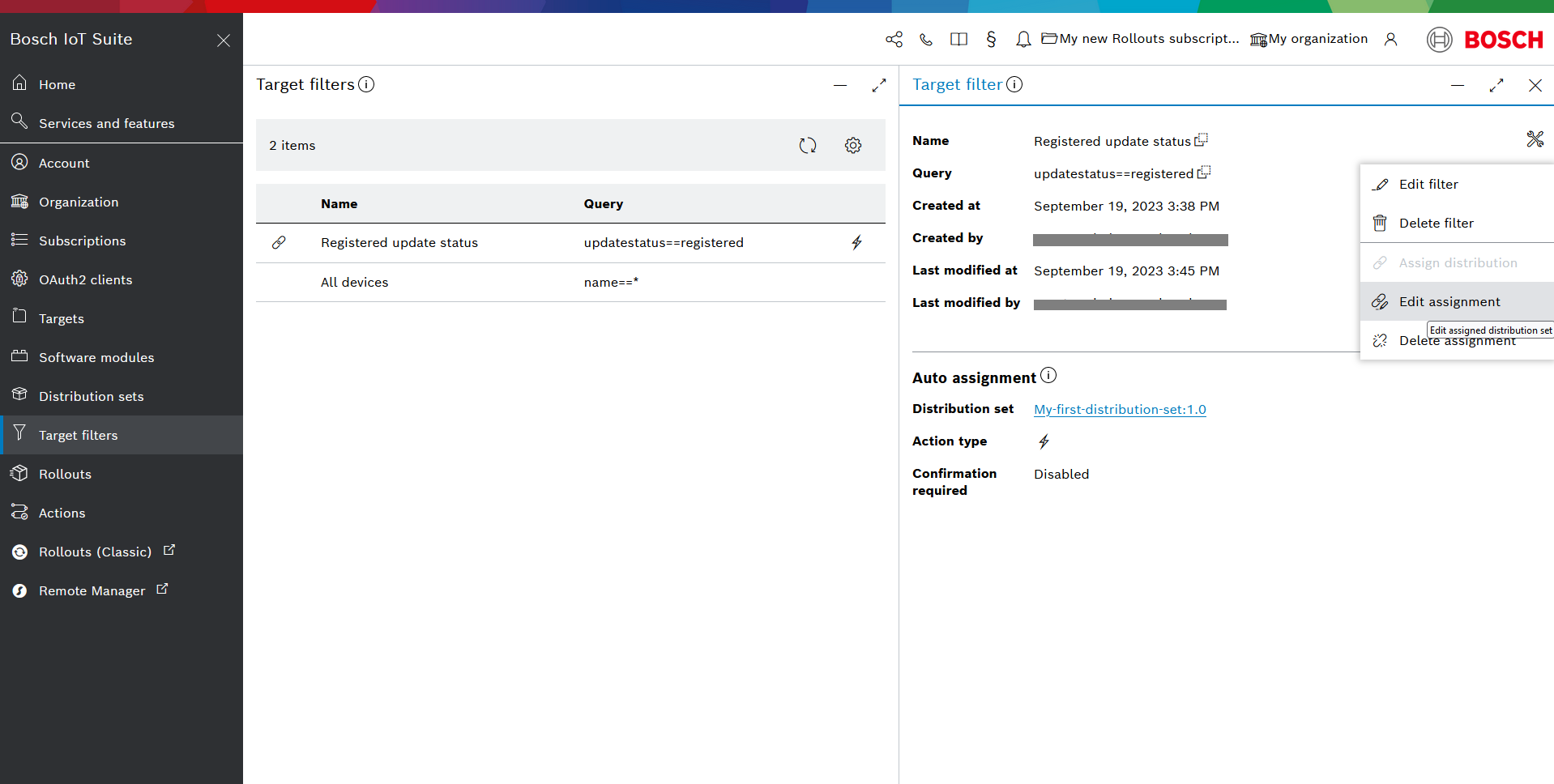 Target filter actions menu with Edit assignment highlighted