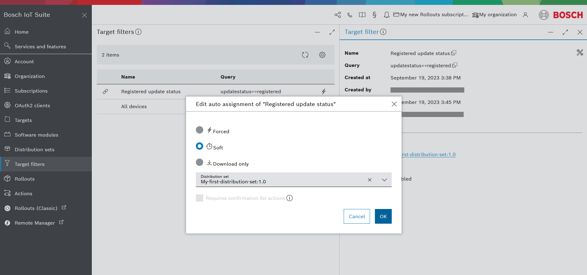 Edit auto assignment dialog with Soft action type selected