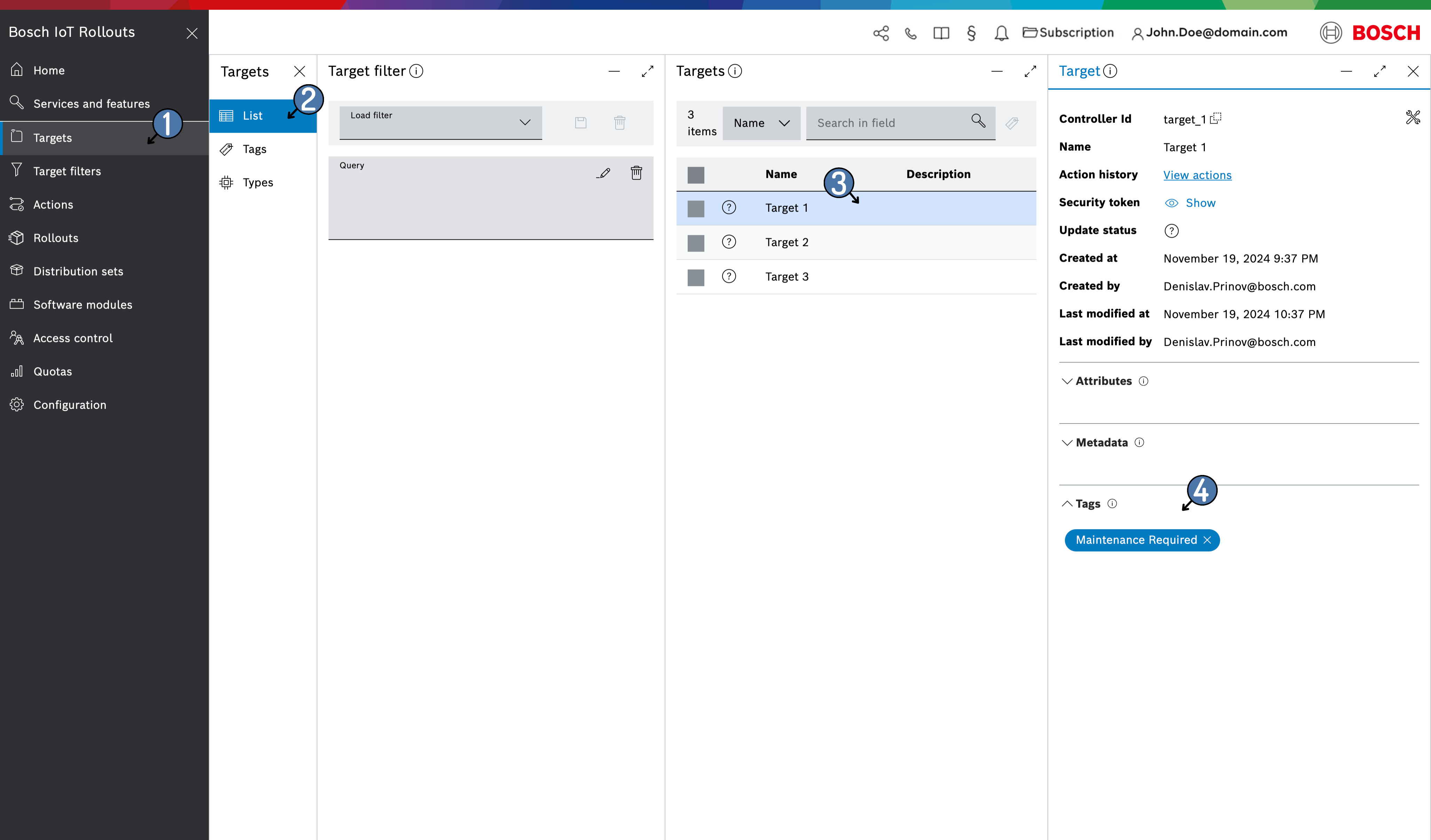 Tags section in the target view
