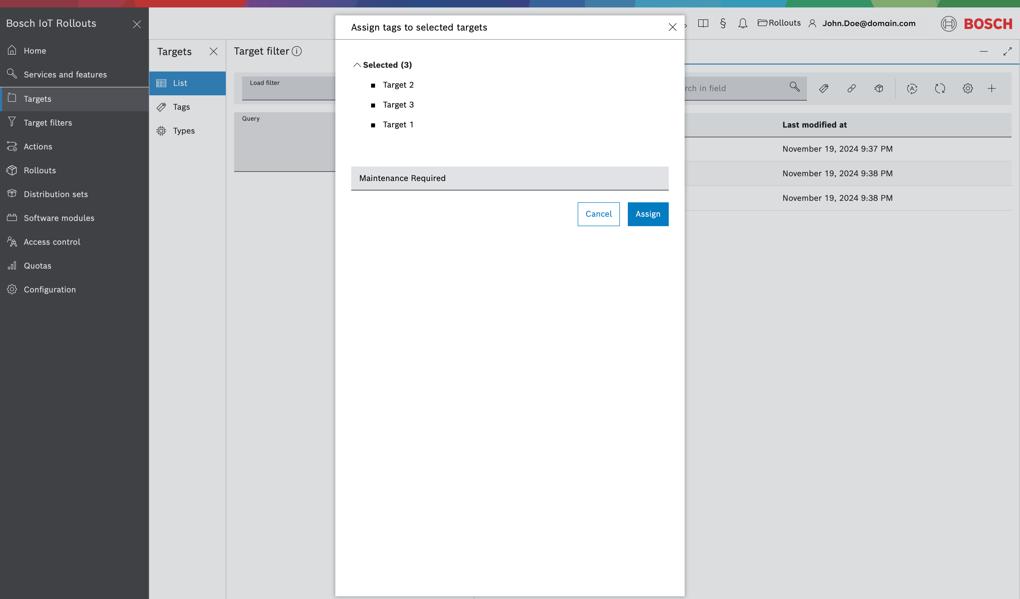 Assign tags to selected targets dialog