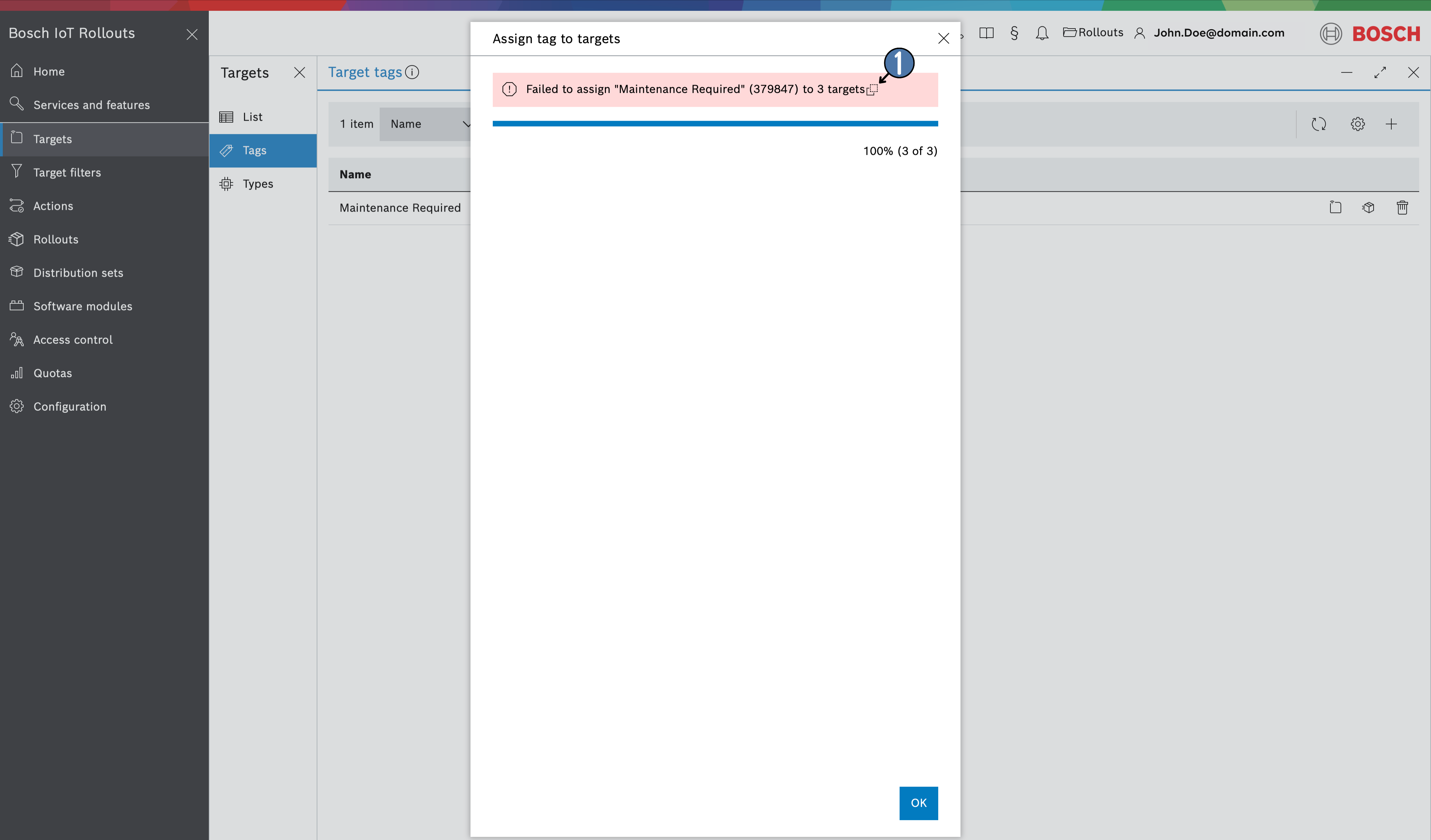 Tag assignment failure message with Copy button