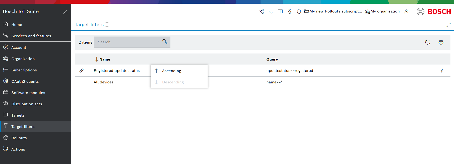 Sort options for the Name column of the target filters list