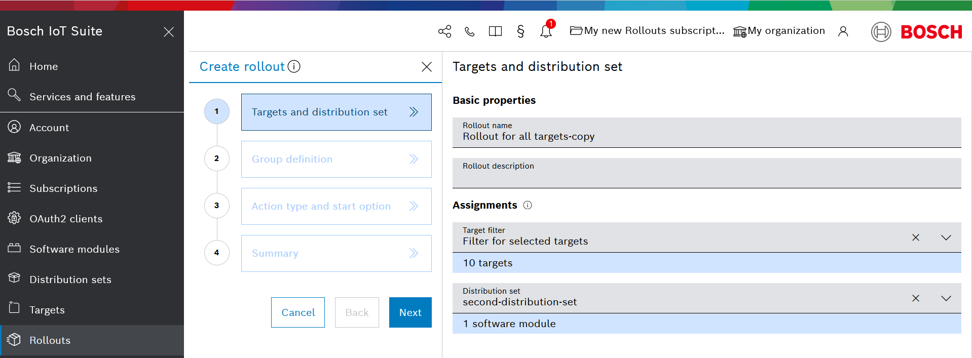 Create rollout wizard pre-filled with the copied rollout's name and settings