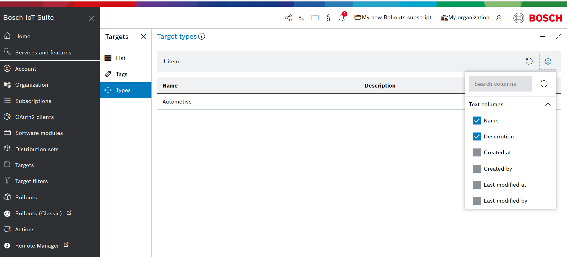 Target types list with additional columns