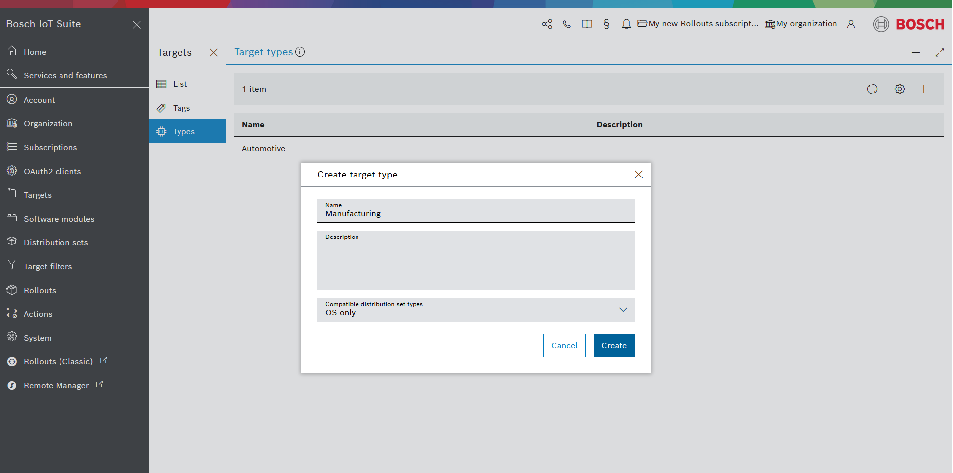 Create target type dialog with fields filled in