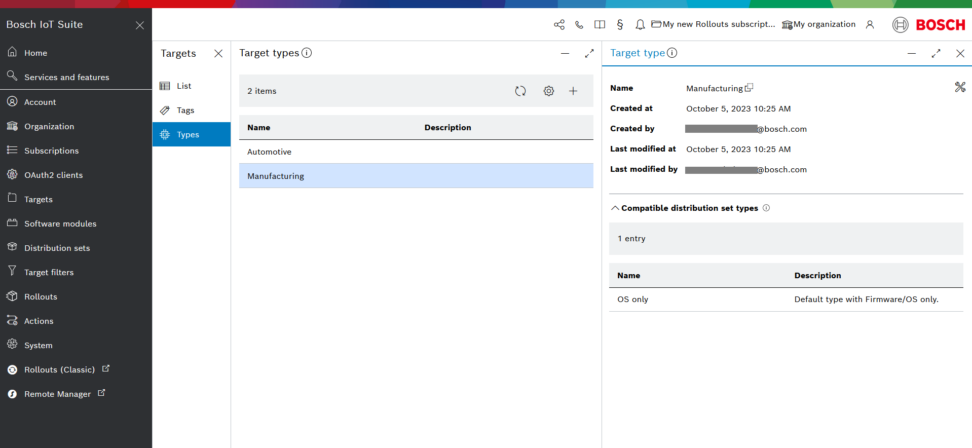Target type list with new type's detail view open