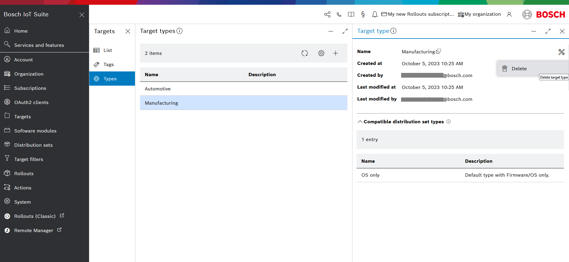 Target type actions menu with Delete option