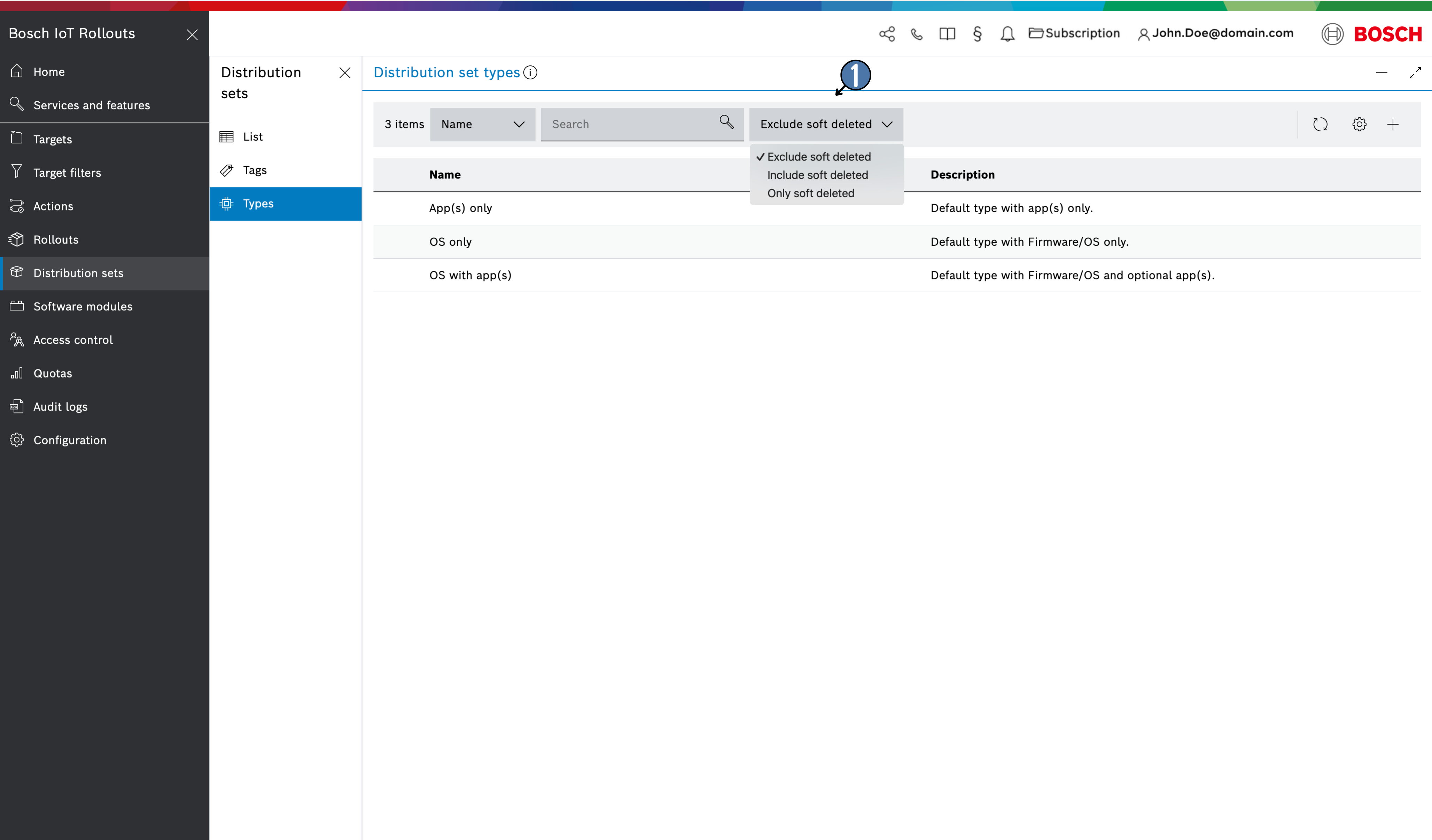 Distribution set types list with the soft deletion selector expanded