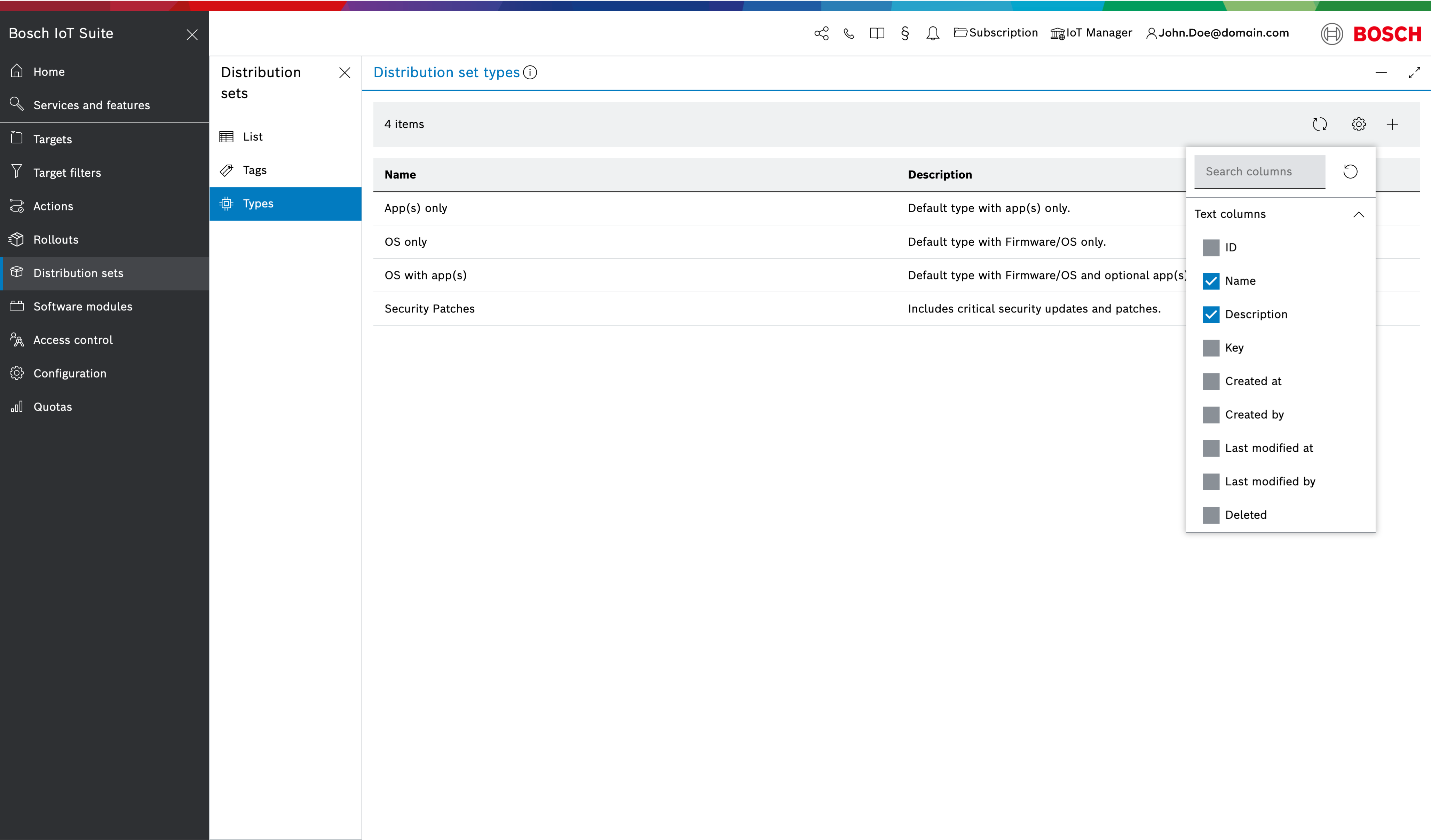 Distribution set types list with configure columns menu open