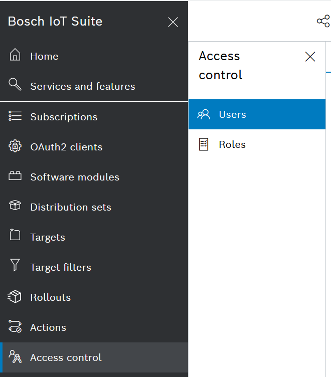 Access control sub-navigation with Users and Roles items