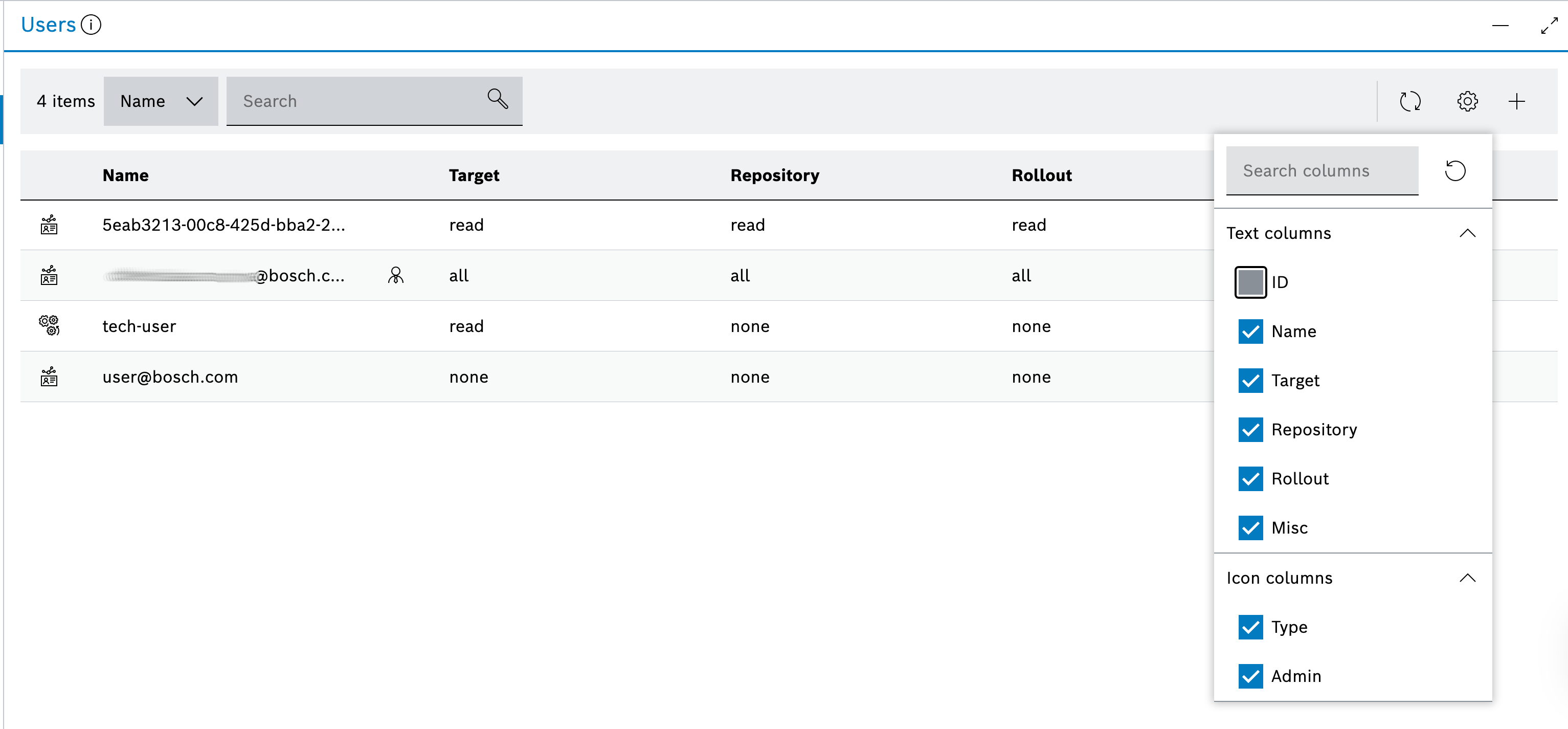 Users list column configuration