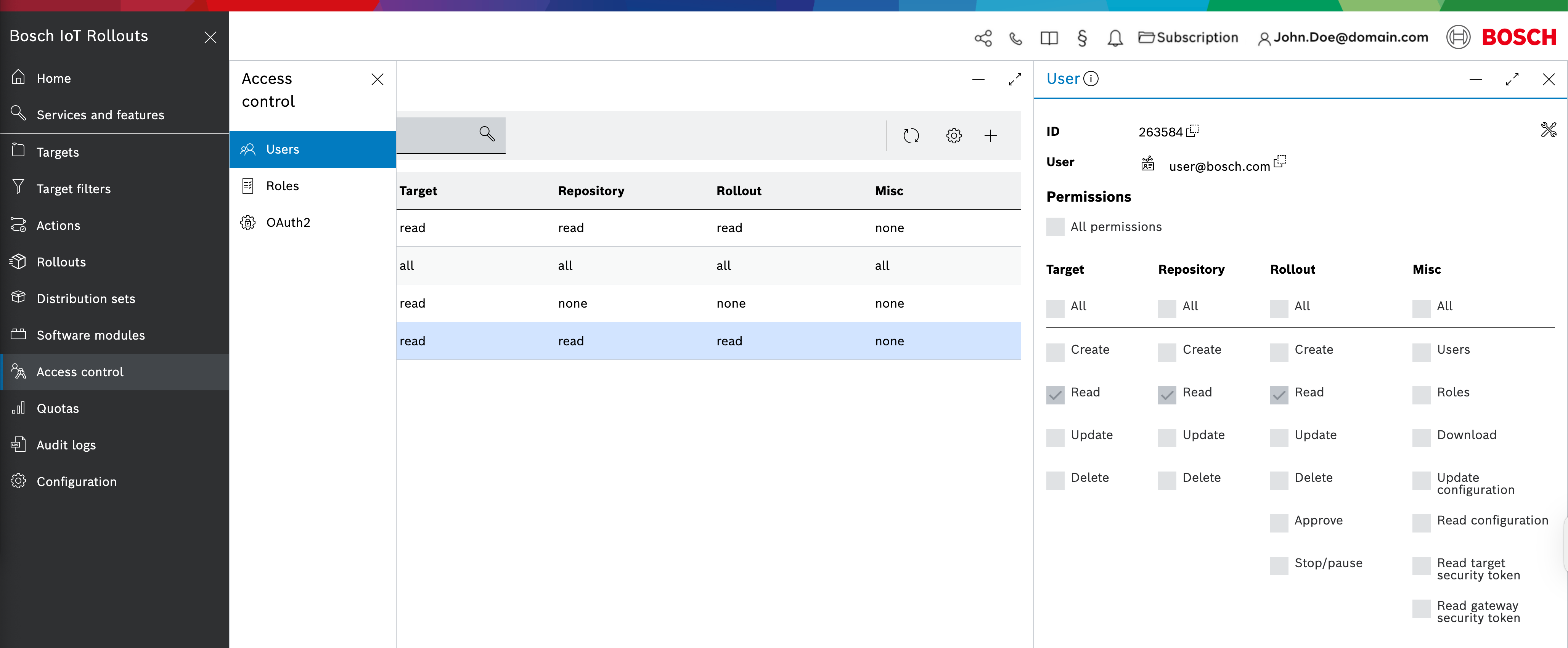 User details view with permissions