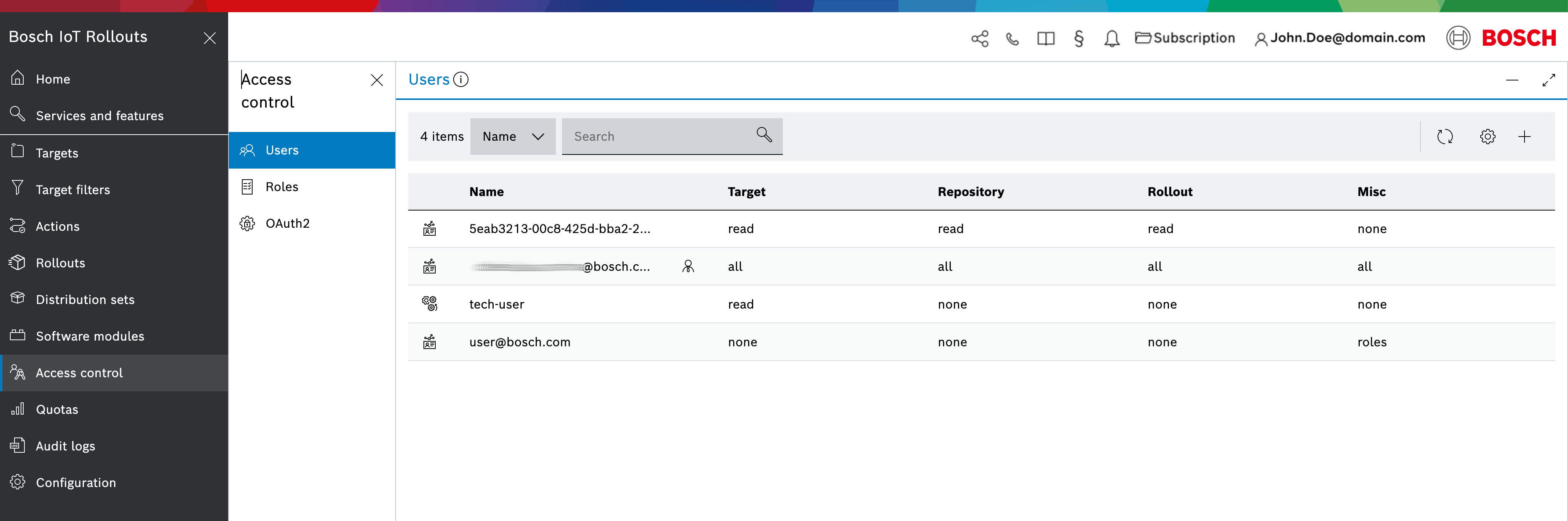 Users list in the Access control view