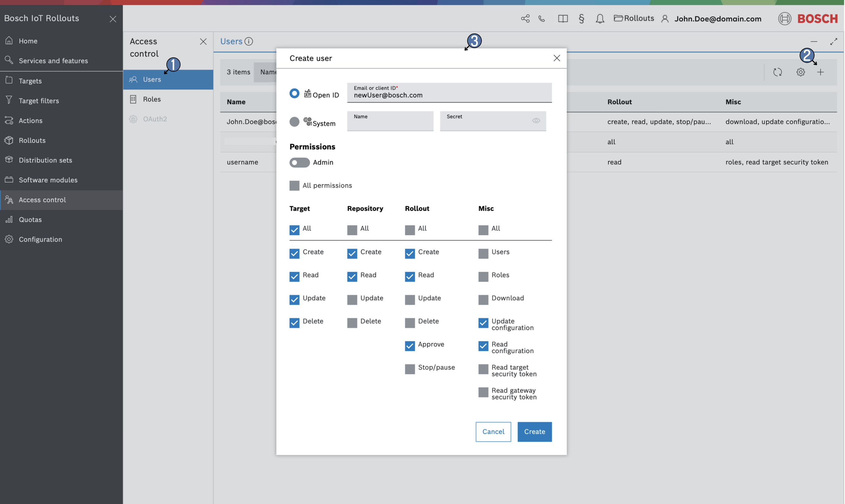 Set permissions dialog for a new user