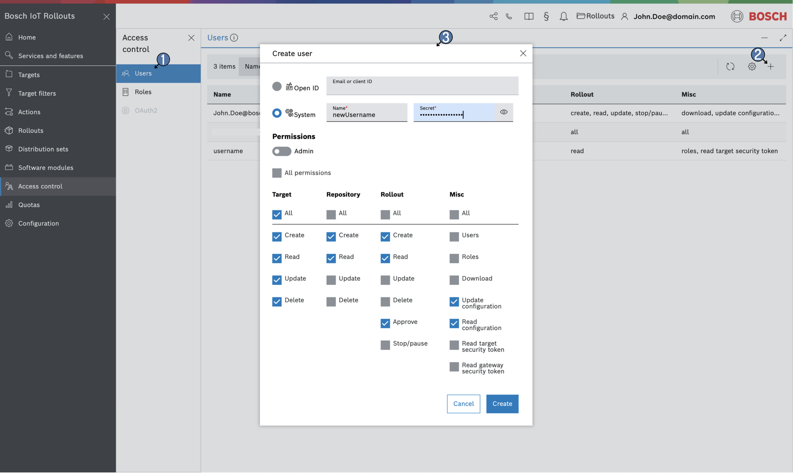 Create technical user dialog
