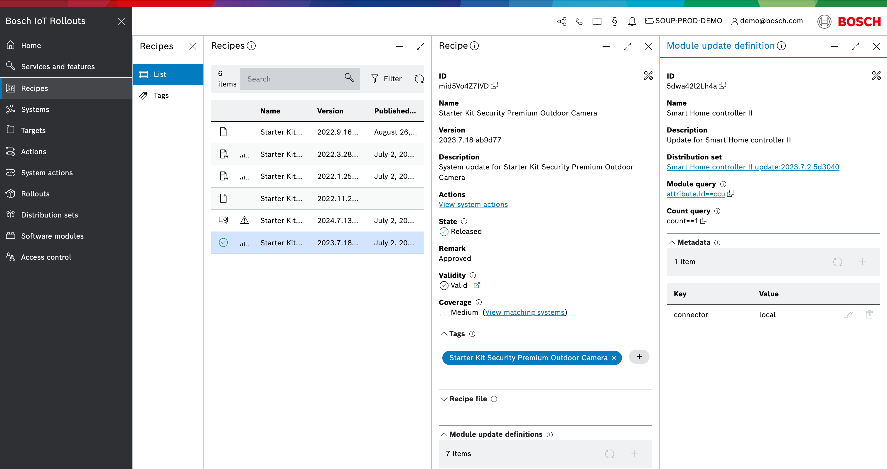Recipes list with Recipe and Module update definition details