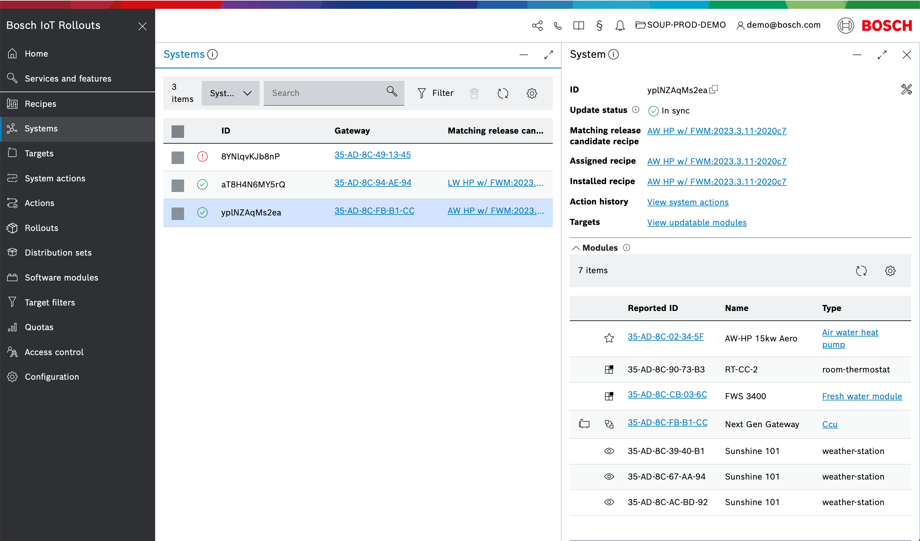 Systems list with system details panel