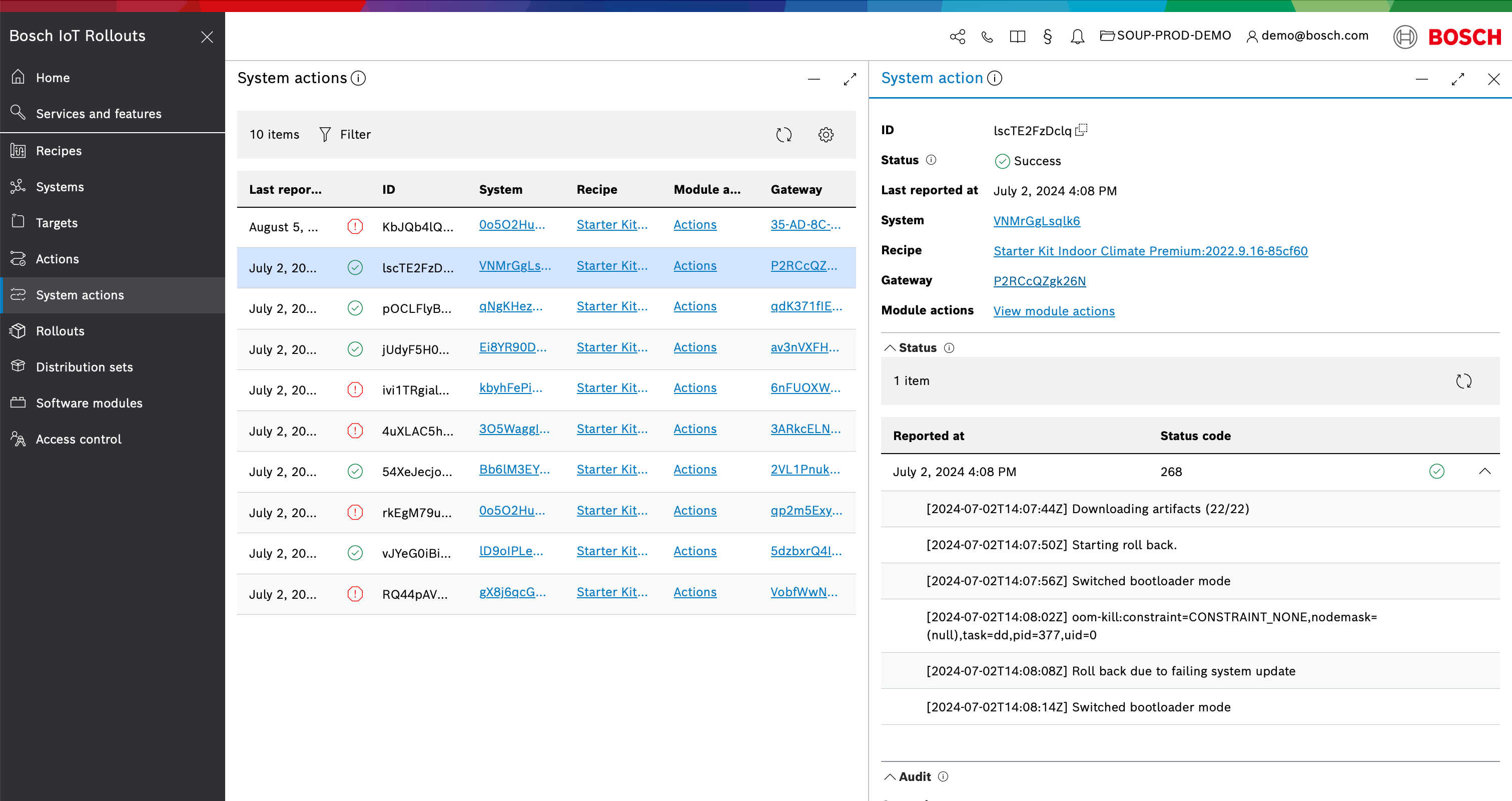 System actions list with system action details panel