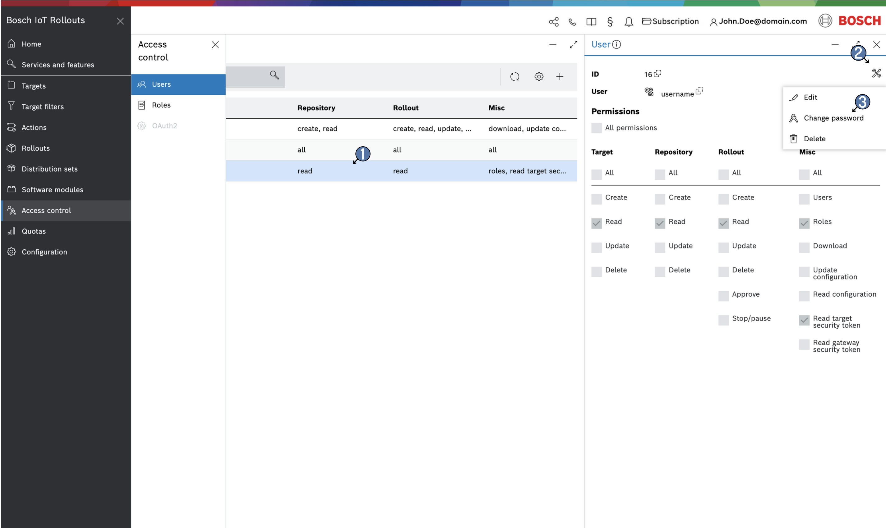 User actions menu with Change password option
