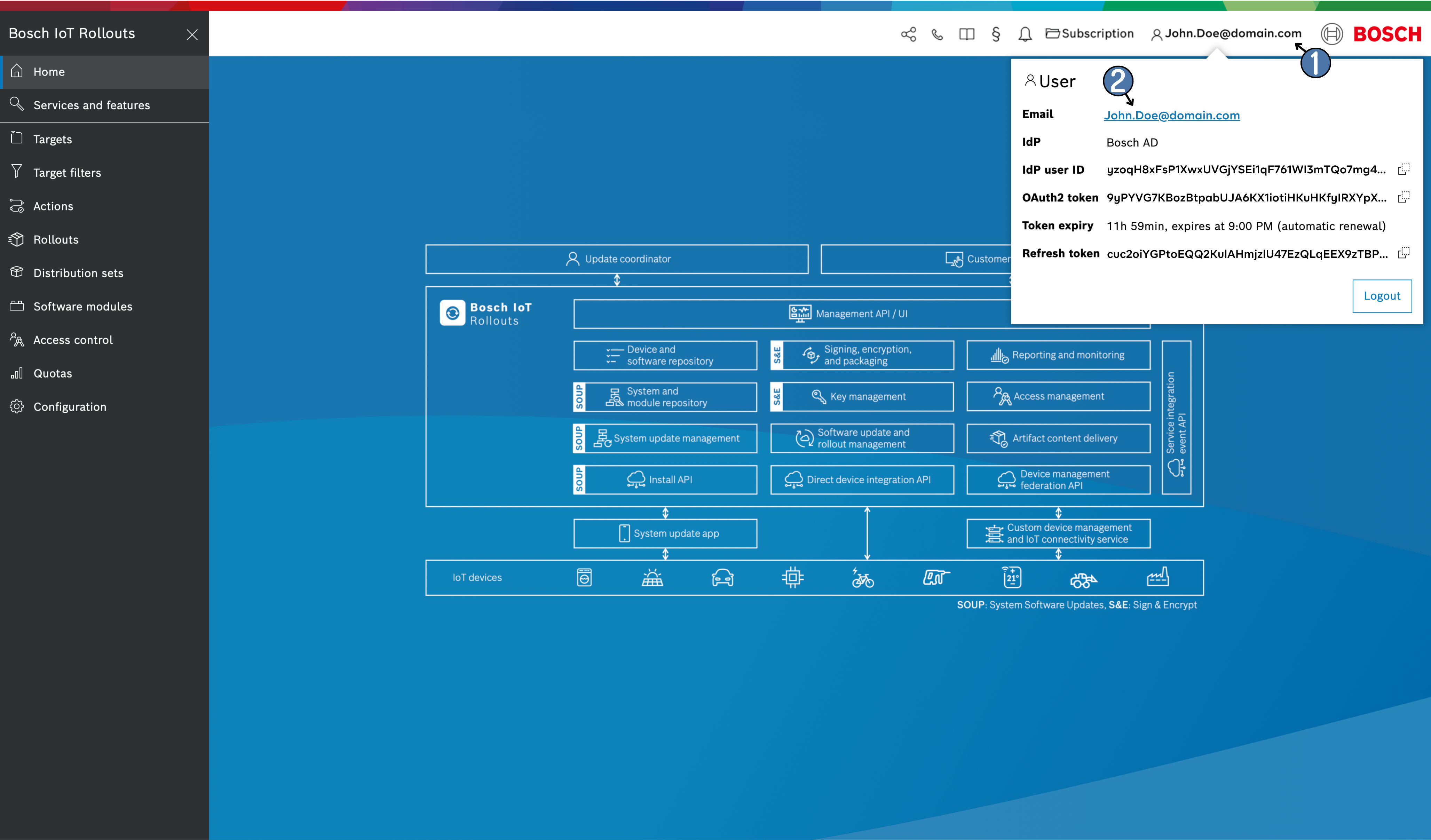 User menu with link to the WhoAmI page