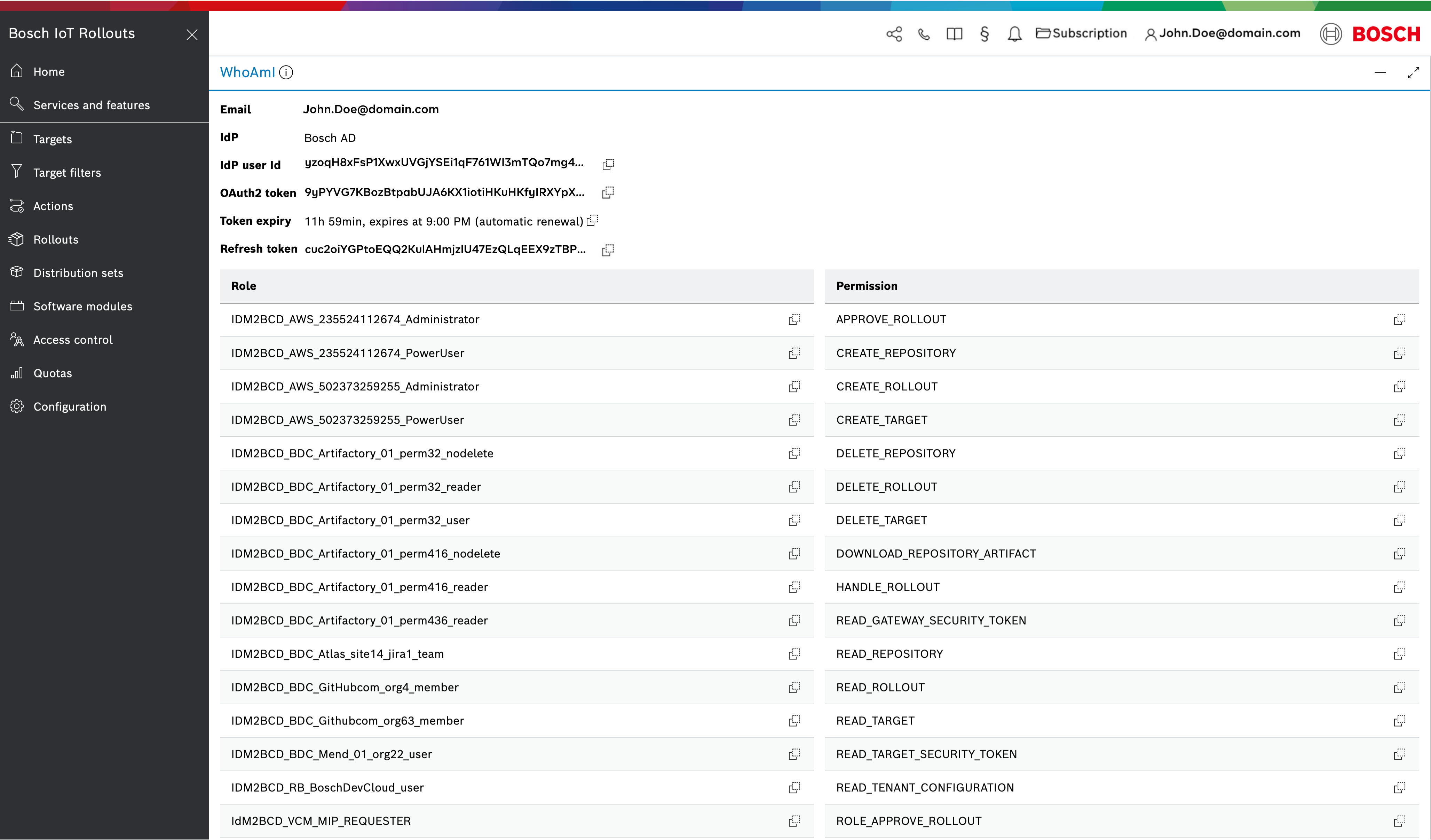 WhoAmI roles and permissions list