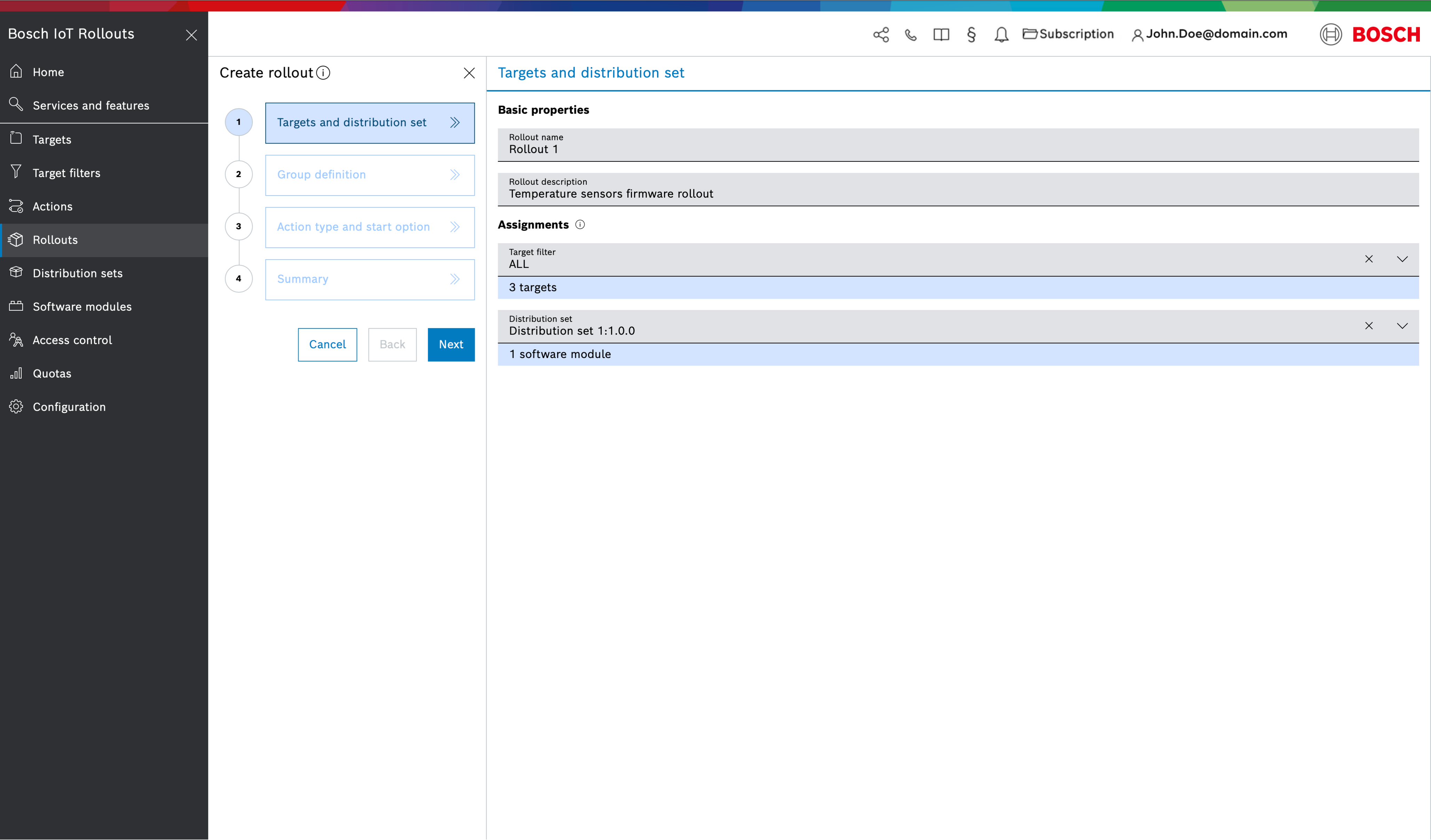 Targets and distribution set step of the Create rollout wizard