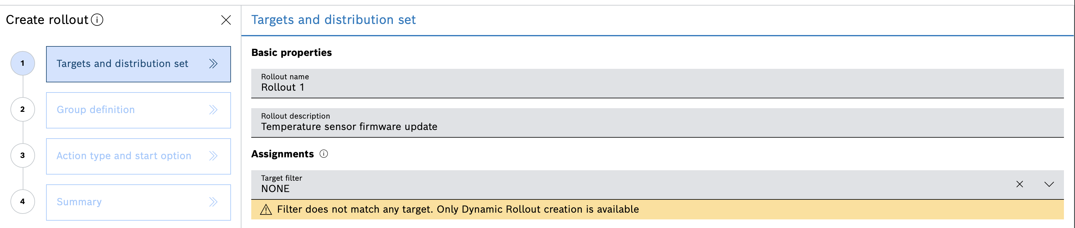 Warning that the target filter matches no targets, allowing only Dynamic Rollout creation