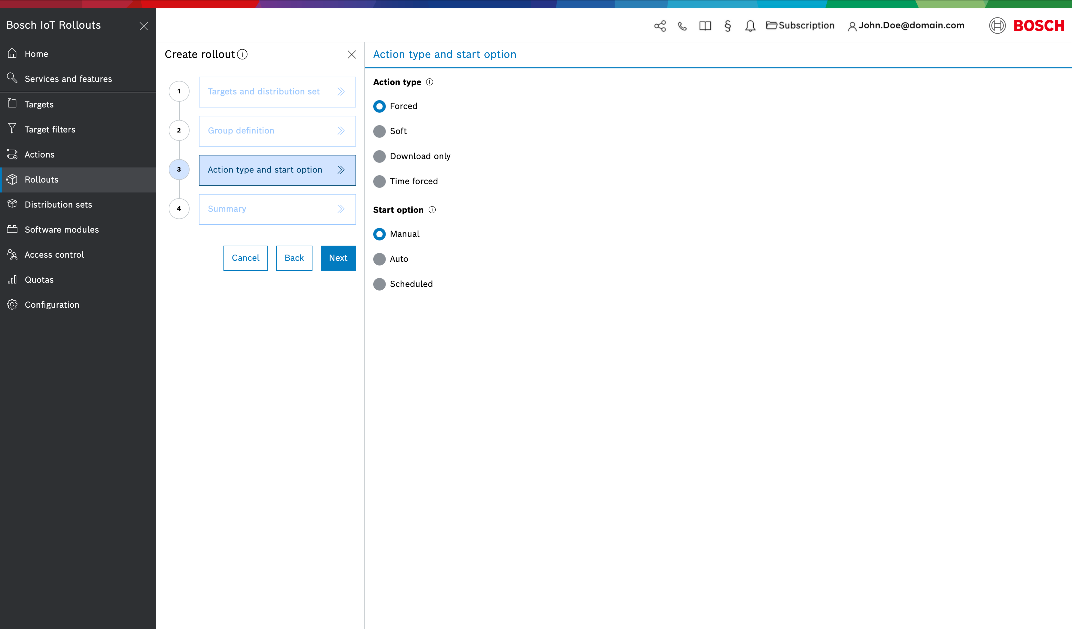 Action type and start option step with Forced and Manual selected