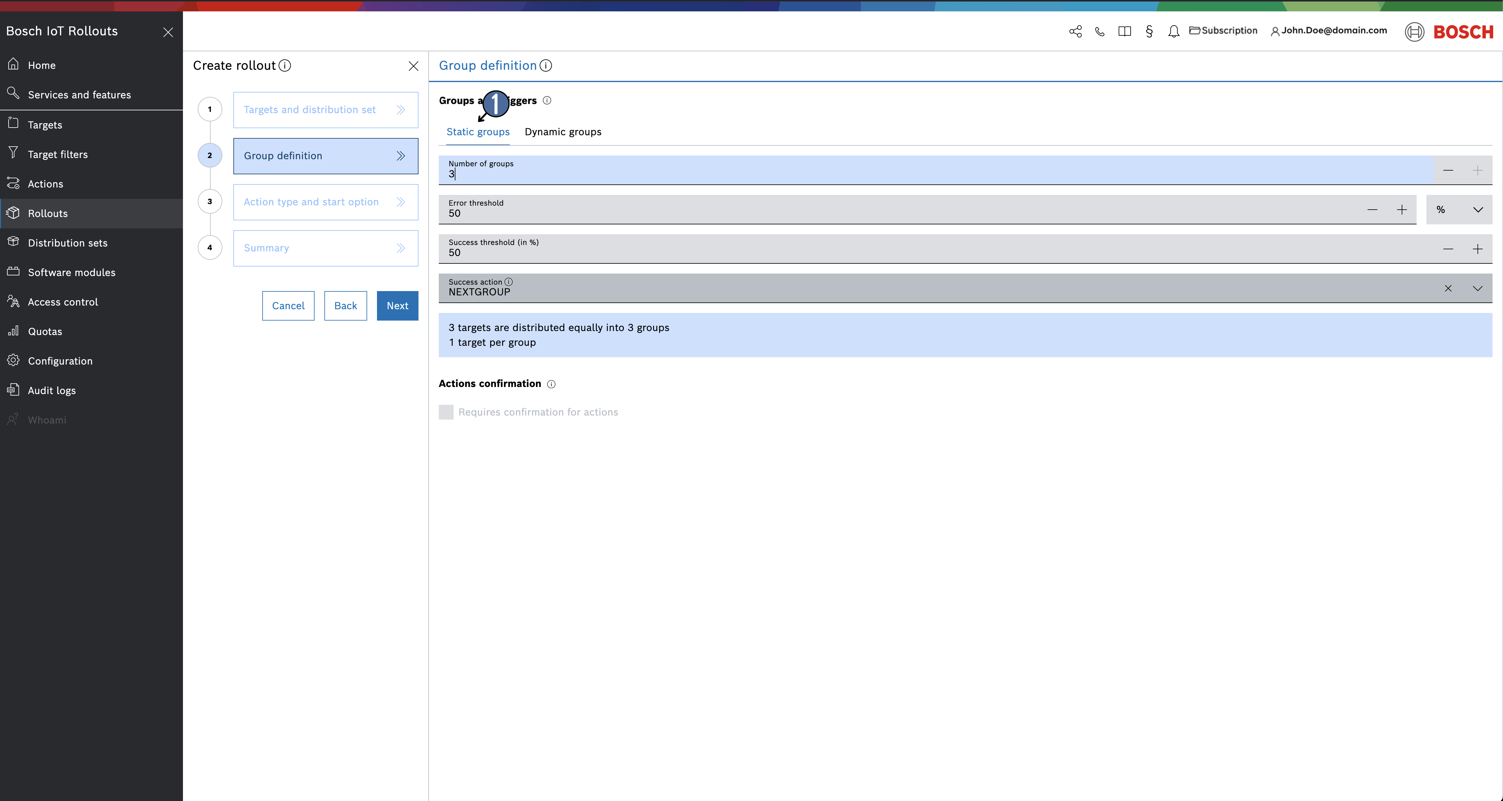 Group definition step with Static groups selected
