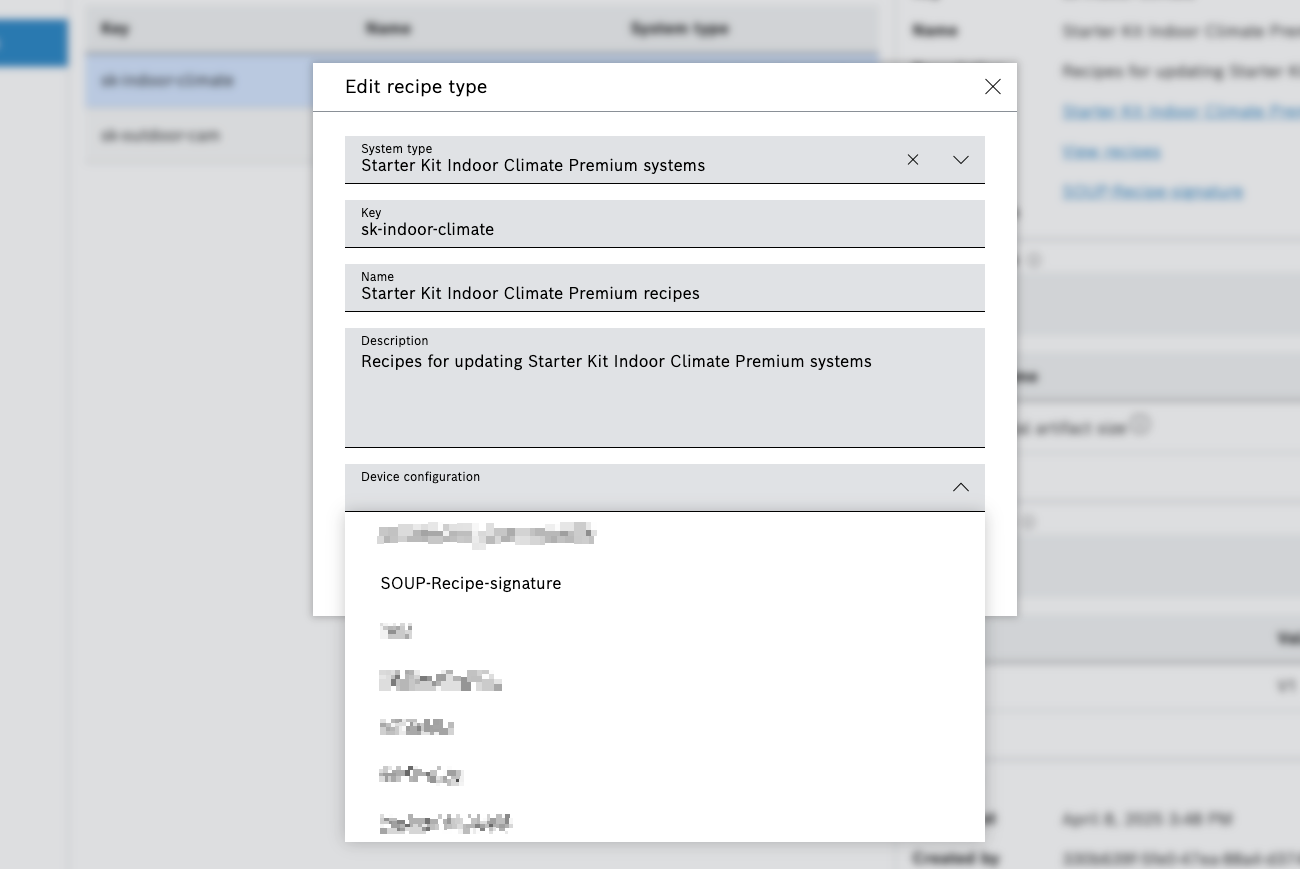 Edit recipe type dialog with device configuration list