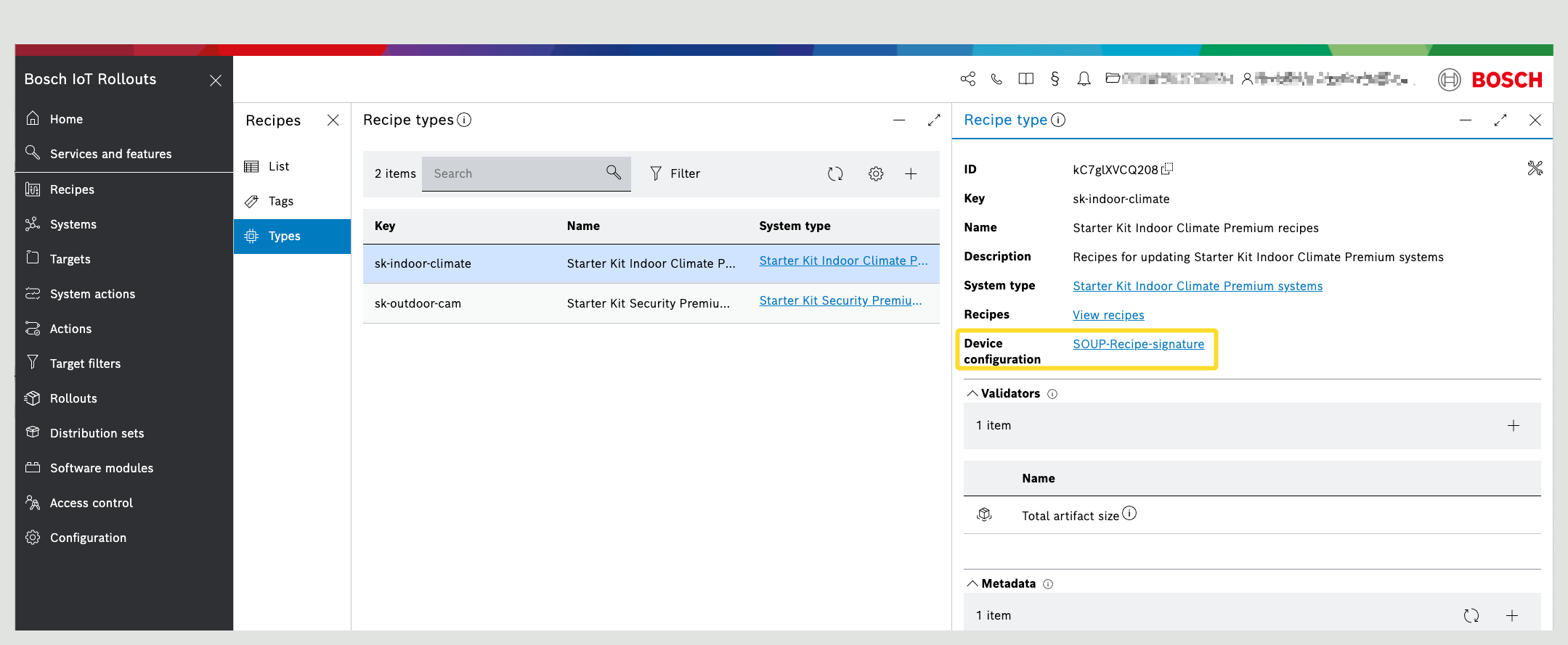 Recipe type details with device configuration selected