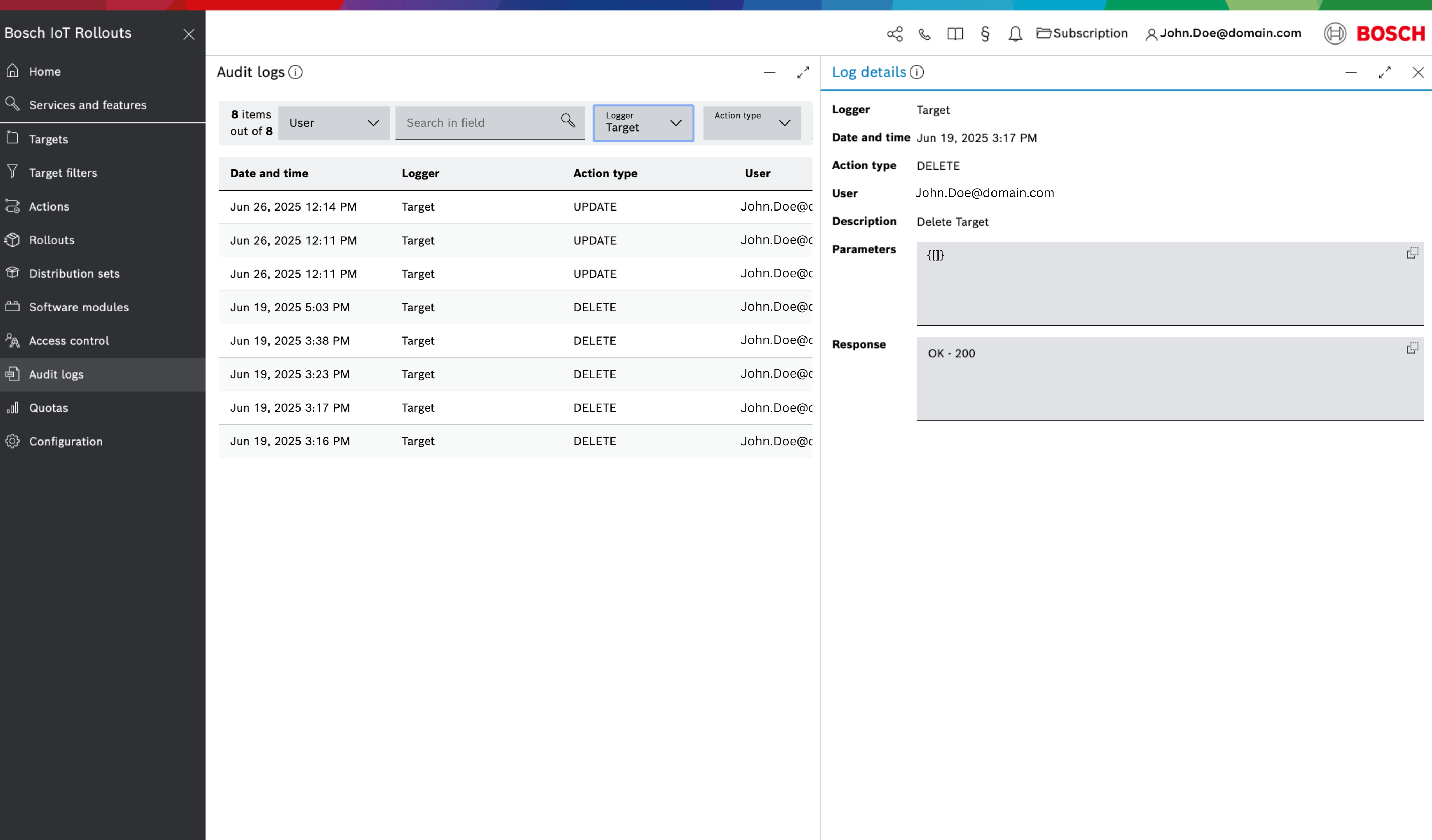 Audit log entry details panel
